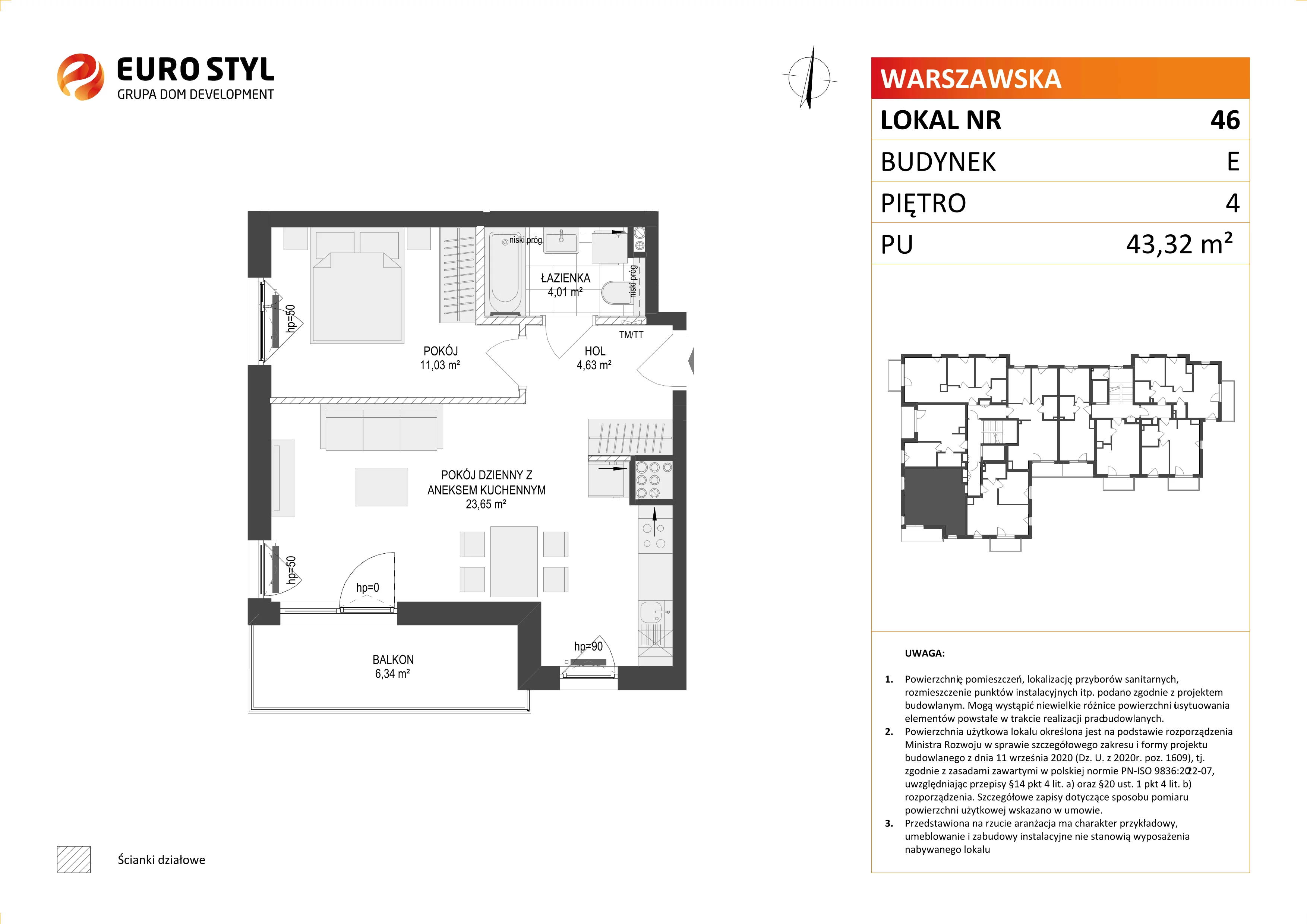 Mieszkanie 43,32 m², piętro 4, oferta nr E/46, Osiedle Warszawska, Gdańsk, Ujeścisko-Łostowice, Ujeścisko, ul. Warszawska