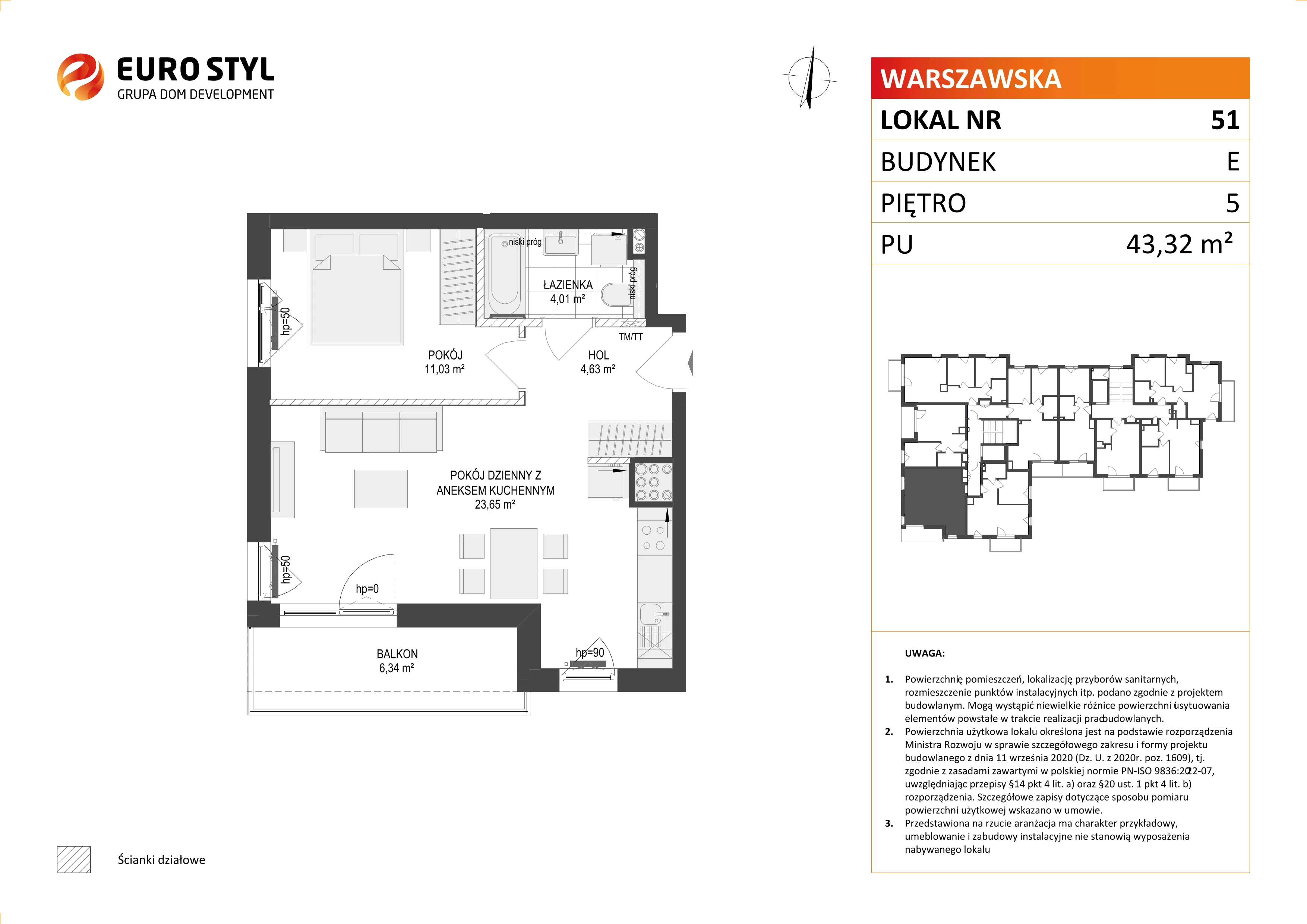 Mieszkanie 43,32 m², piętro 5, oferta nr E/51, Osiedle Warszawska, Gdańsk, Ujeścisko-Łostowice, Ujeścisko, ul. Warszawska