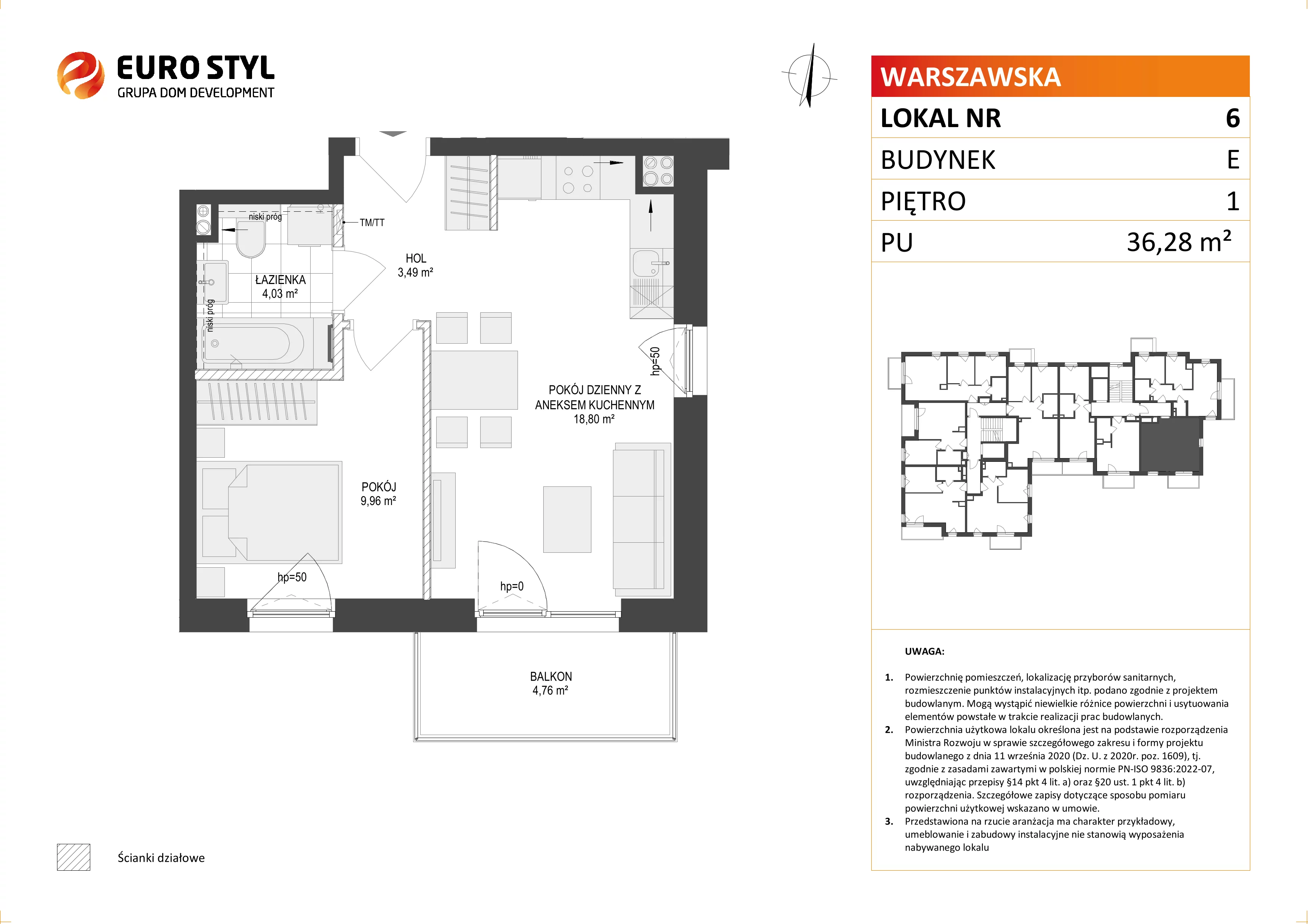 Mieszkanie 36,28 m², piętro 1, oferta nr E/6, Osiedle Warszawska, Gdańsk, Ujeścisko-Łostowice, Ujeścisko, ul. Warszawska