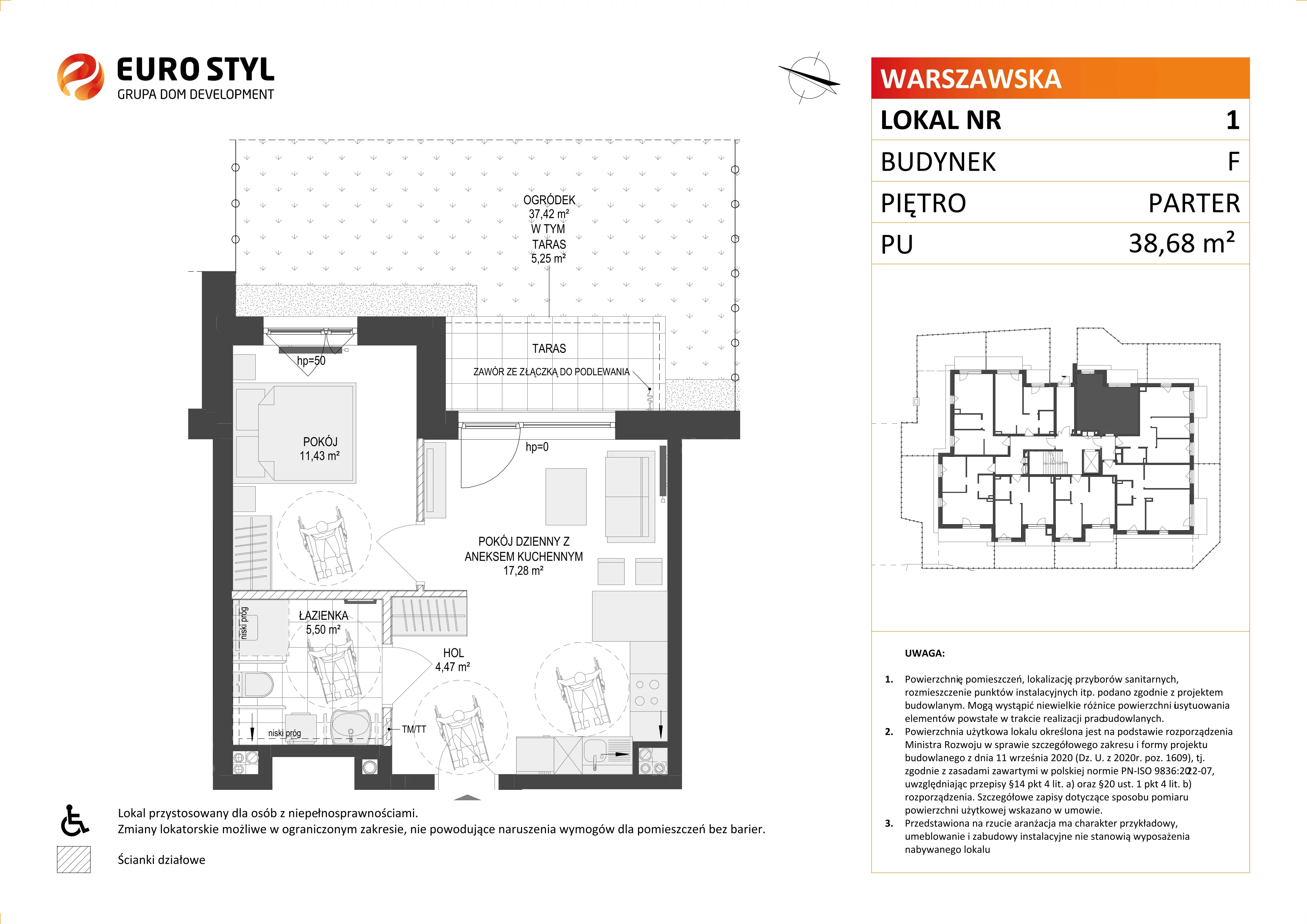 Mieszkanie 38,68 m², parter, oferta nr F/1, Osiedle Warszawska, Gdańsk, Ujeścisko-Łostowice, Ujeścisko, ul. Warszawska