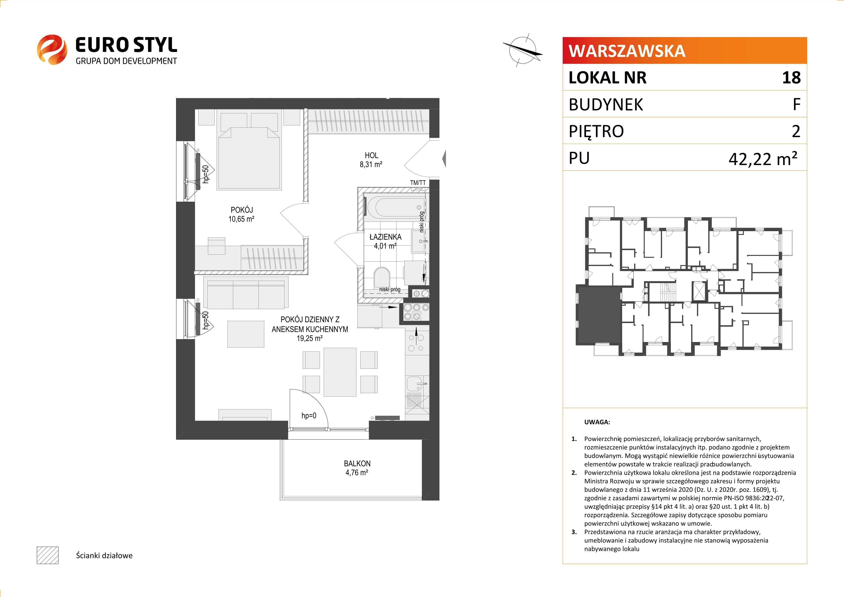 Mieszkanie 42,22 m², piętro 2, oferta nr F/18, Osiedle Warszawska, Gdańsk, Ujeścisko-Łostowice, Ujeścisko, ul. Warszawska