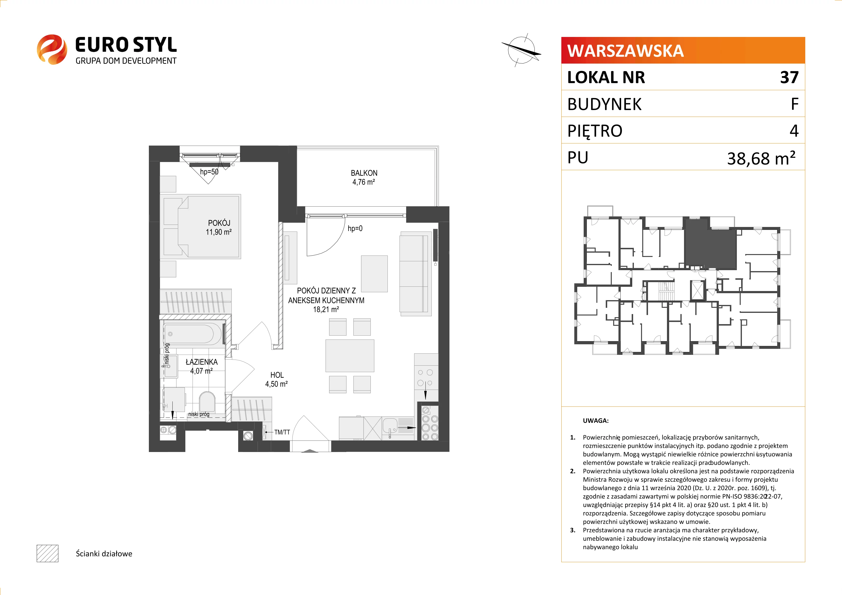 Mieszkanie 38,68 m², piętro 4, oferta nr F/37, Osiedle Warszawska, Gdańsk, Ujeścisko-Łostowice, Ujeścisko, ul. Warszawska