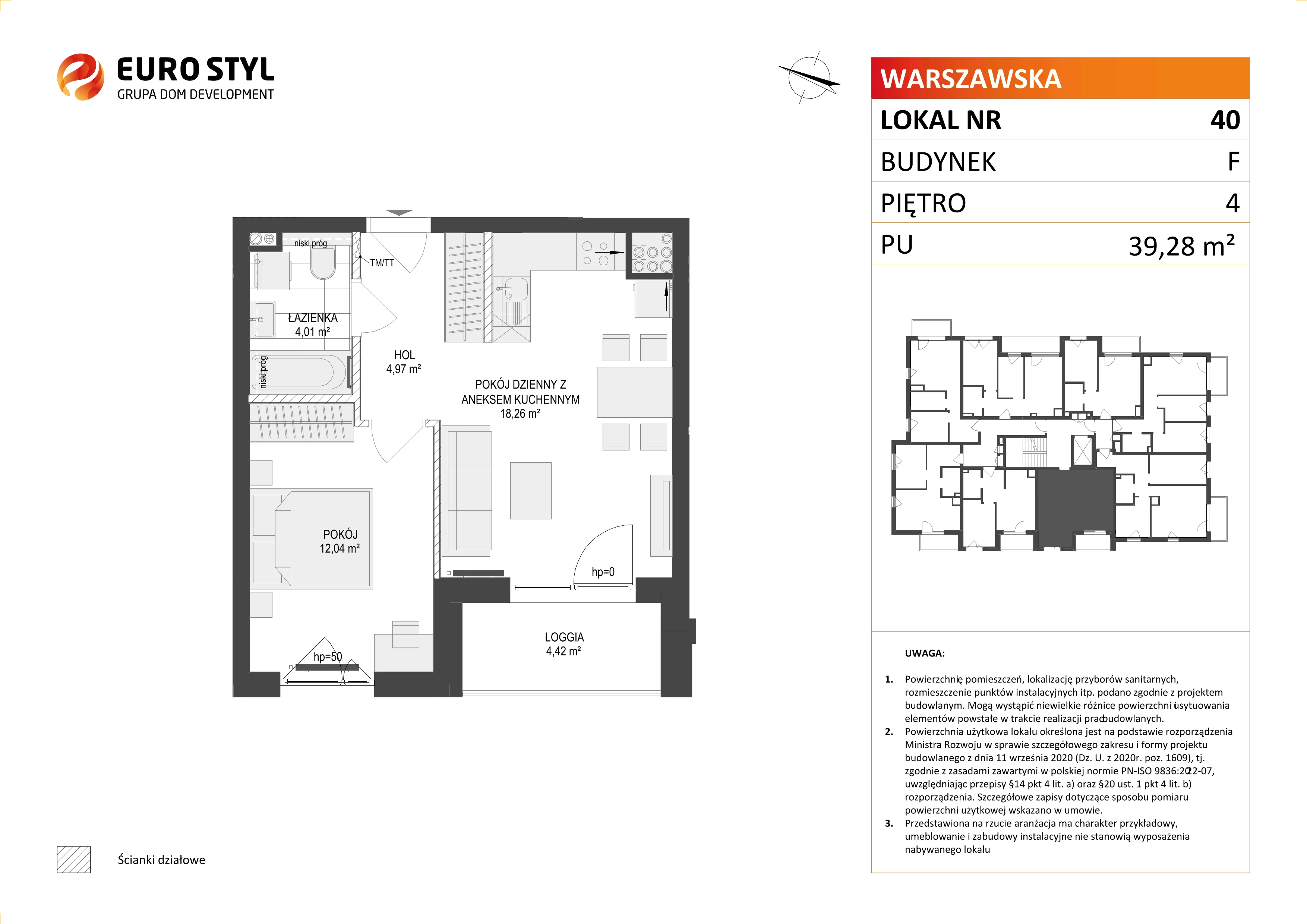 Mieszkanie 39,28 m², piętro 4, oferta nr F/40, Osiedle Warszawska, Gdańsk, Ujeścisko-Łostowice, Ujeścisko, ul. Warszawska