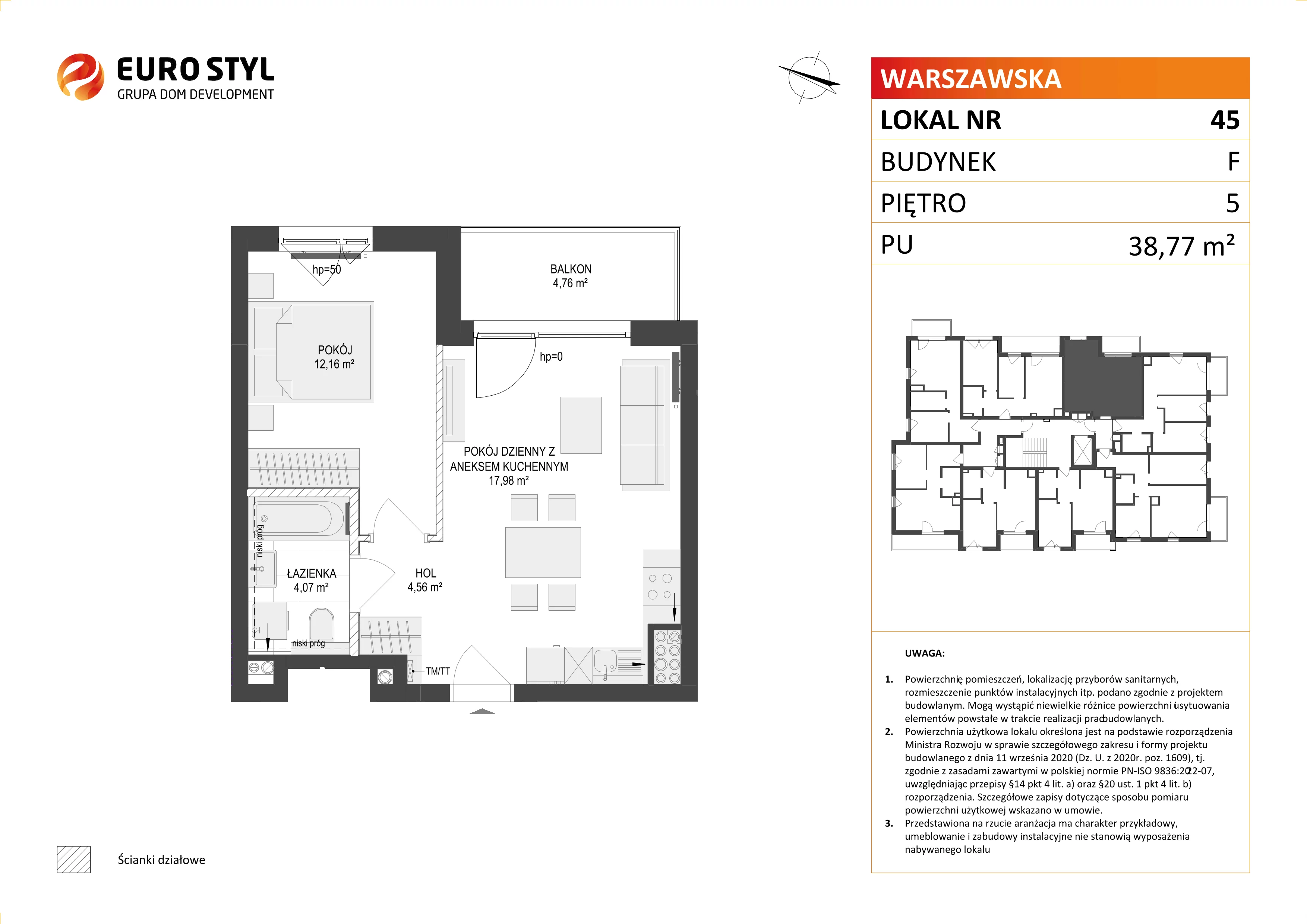 Mieszkanie 38,77 m², piętro 5, oferta nr F/45, Osiedle Warszawska, Gdańsk, Ujeścisko-Łostowice, Ujeścisko, ul. Warszawska