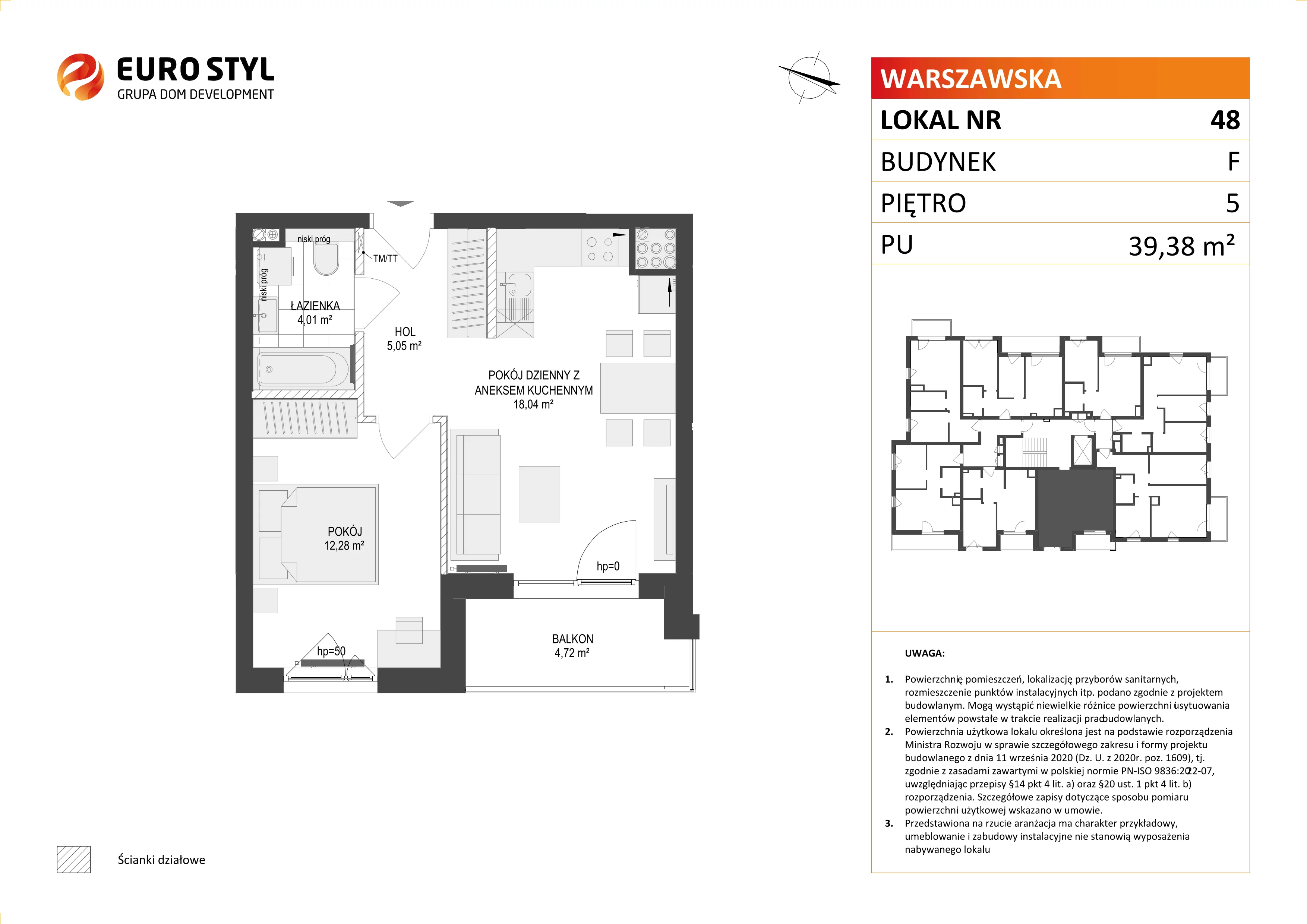 Mieszkanie 39,38 m², piętro 5, oferta nr F/48, Osiedle Warszawska, Gdańsk, Ujeścisko-Łostowice, Ujeścisko, ul. Warszawska