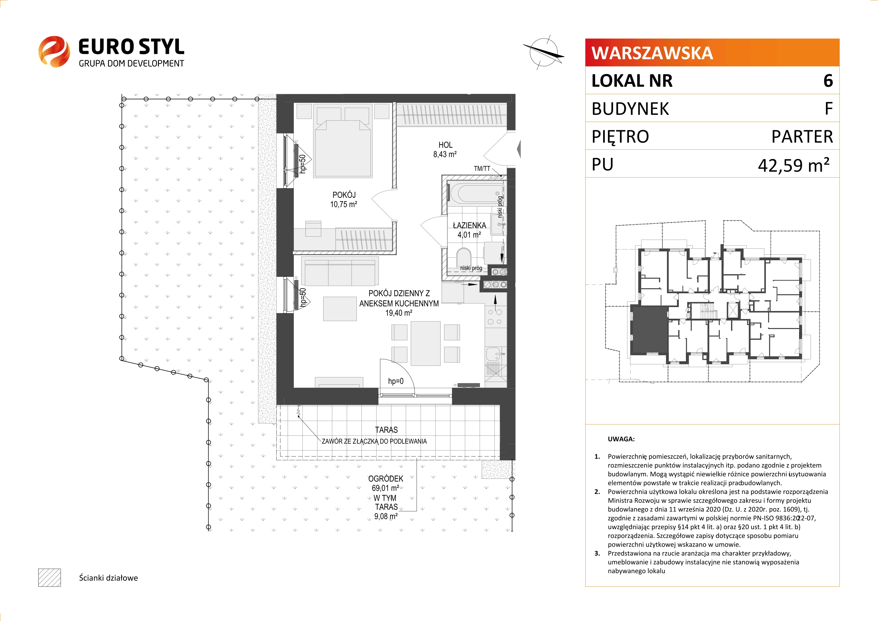 Mieszkanie 42,59 m², parter, oferta nr F/6, Osiedle Warszawska, Gdańsk, Ujeścisko-Łostowice, Ujeścisko, ul. Warszawska