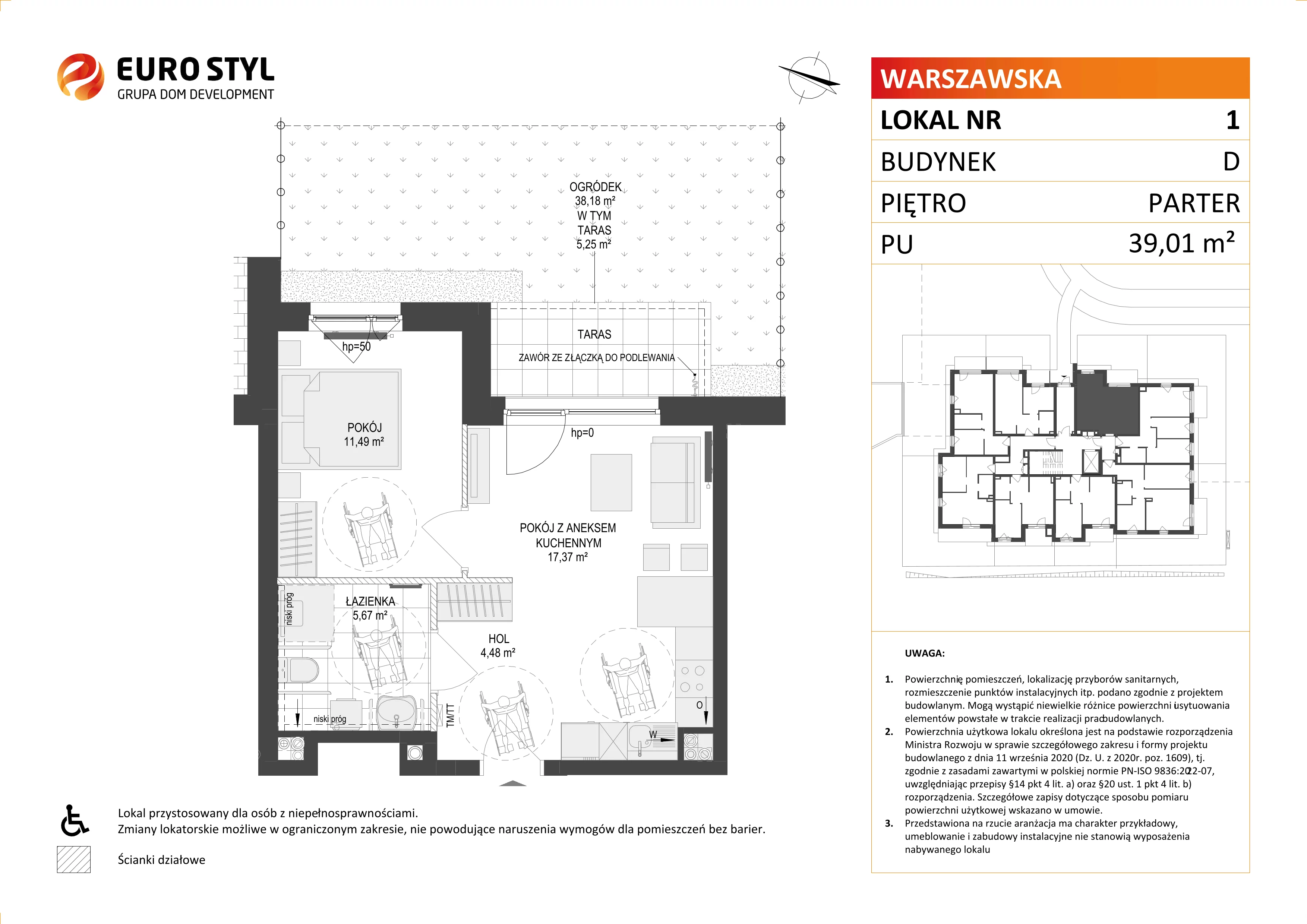 2 pokoje, mieszkanie 39,01 m², parter, oferta nr D/1, Osiedle Warszawska - etap II, Gdańsk, Ujeścisko-Łostowice, Ujeścisko, ul. Warszawska