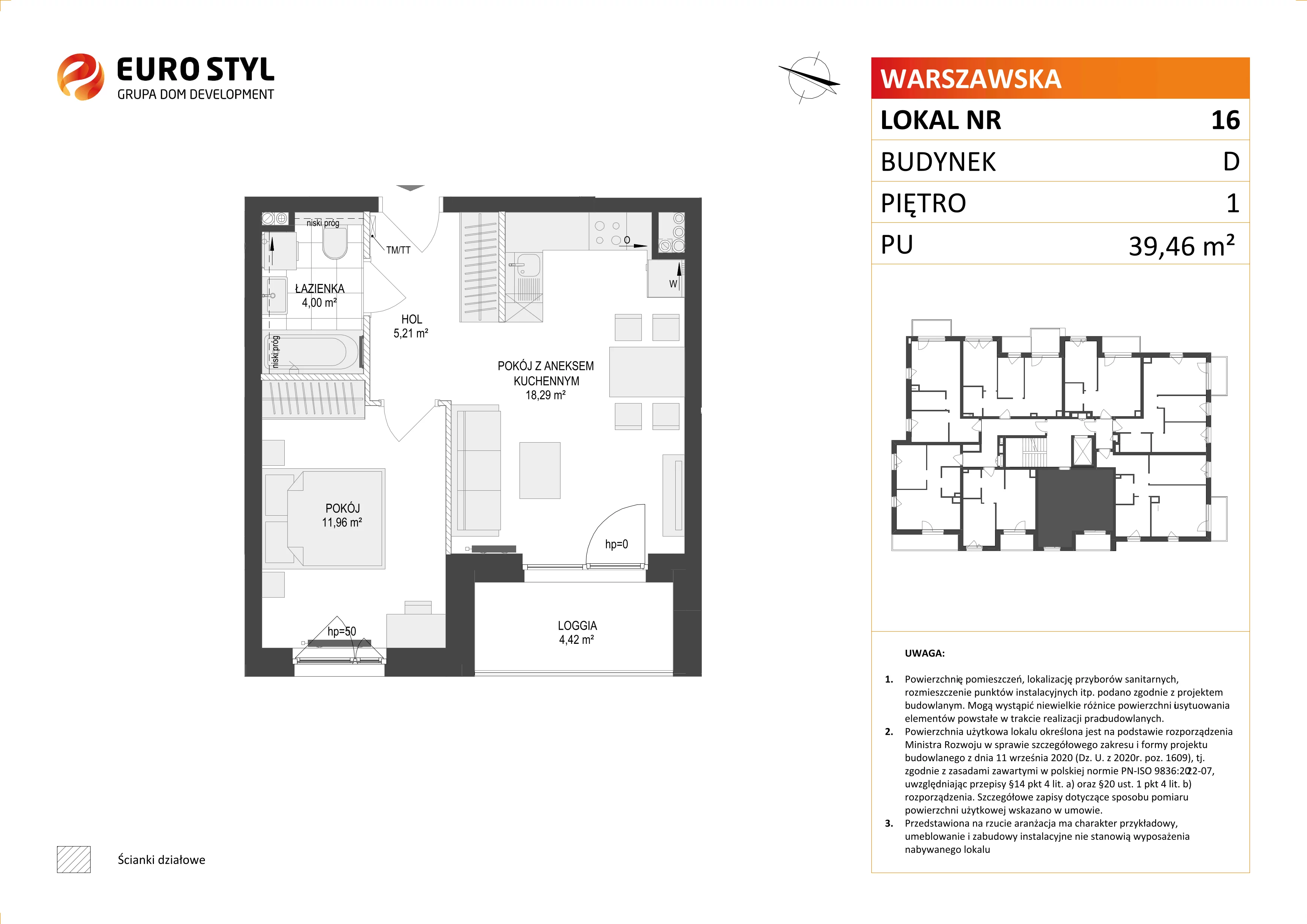 2 pokoje, mieszkanie 39,46 m², piętro 1, oferta nr D/16, Osiedle Warszawska - etap II, Gdańsk, Ujeścisko-Łostowice, Ujeścisko, ul. Warszawska