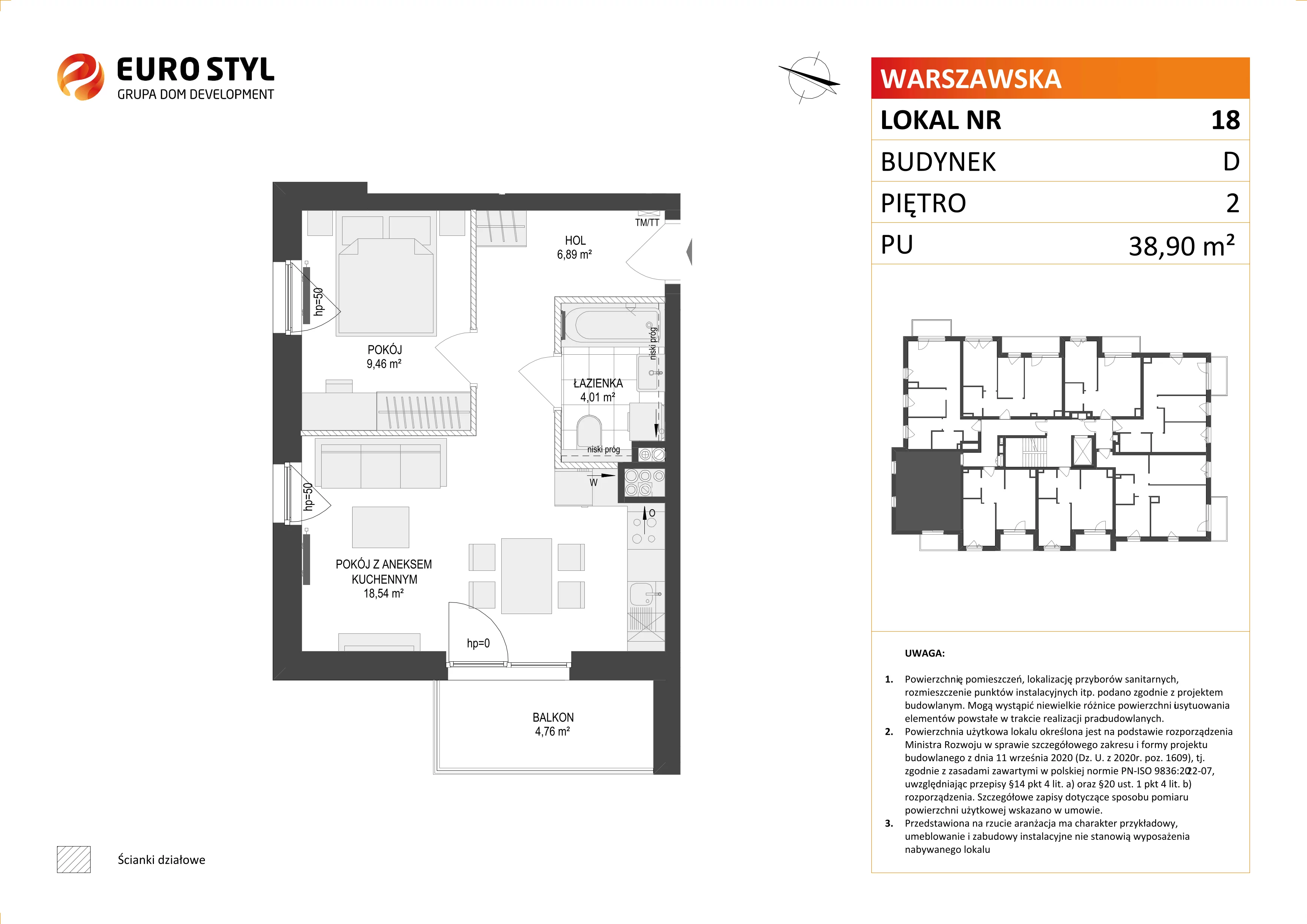 2 pokoje, mieszkanie 38,90 m², piętro 2, oferta nr D/18, Osiedle Warszawska - etap II, Gdańsk, Ujeścisko-Łostowice, Ujeścisko, ul. Warszawska