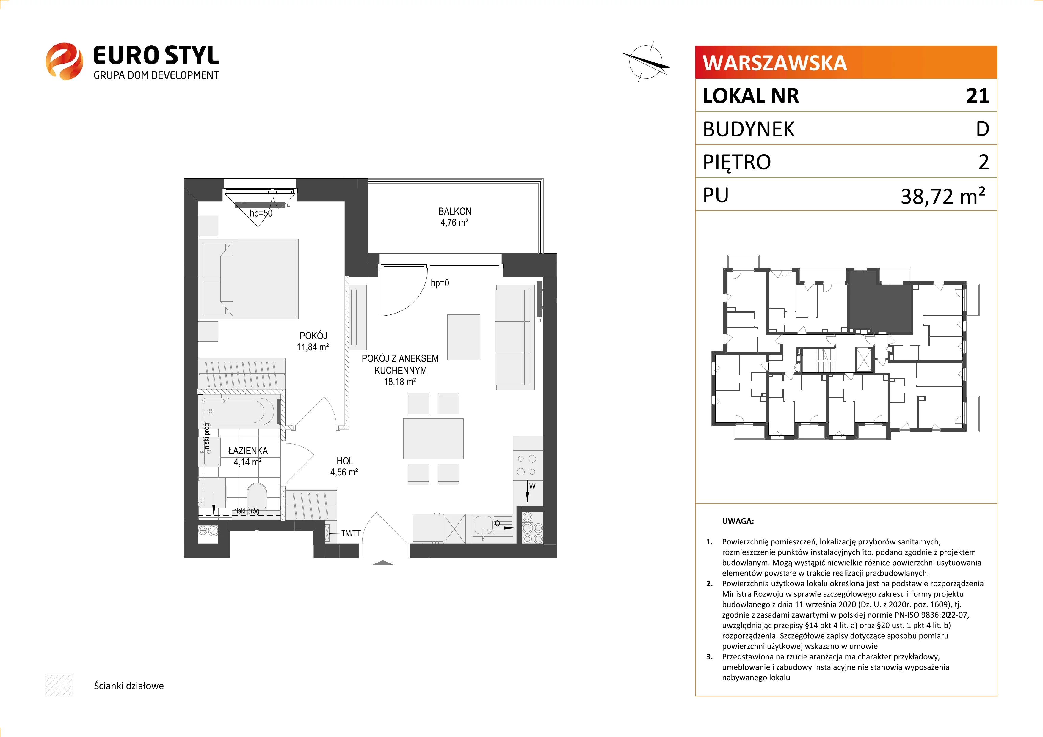 2 pokoje, mieszkanie 38,72 m², piętro 2, oferta nr D/21, Osiedle Warszawska - etap II, Gdańsk, Ujeścisko-Łostowice, Ujeścisko, ul. Warszawska