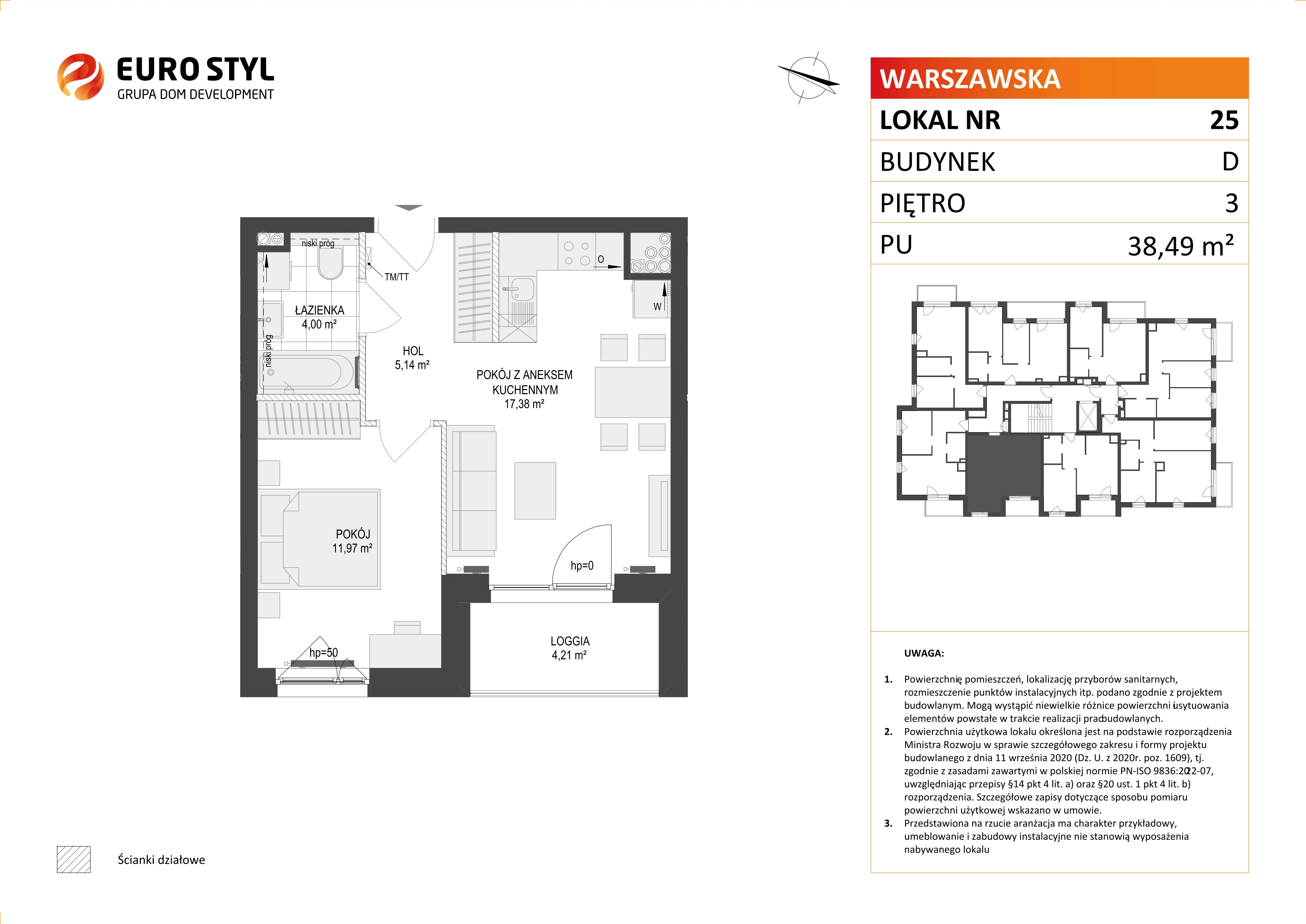 2 pokoje, mieszkanie 38,49 m², piętro 3, oferta nr D/25, Osiedle Warszawska - etap II, Gdańsk, Ujeścisko-Łostowice, Ujeścisko, ul. Warszawska