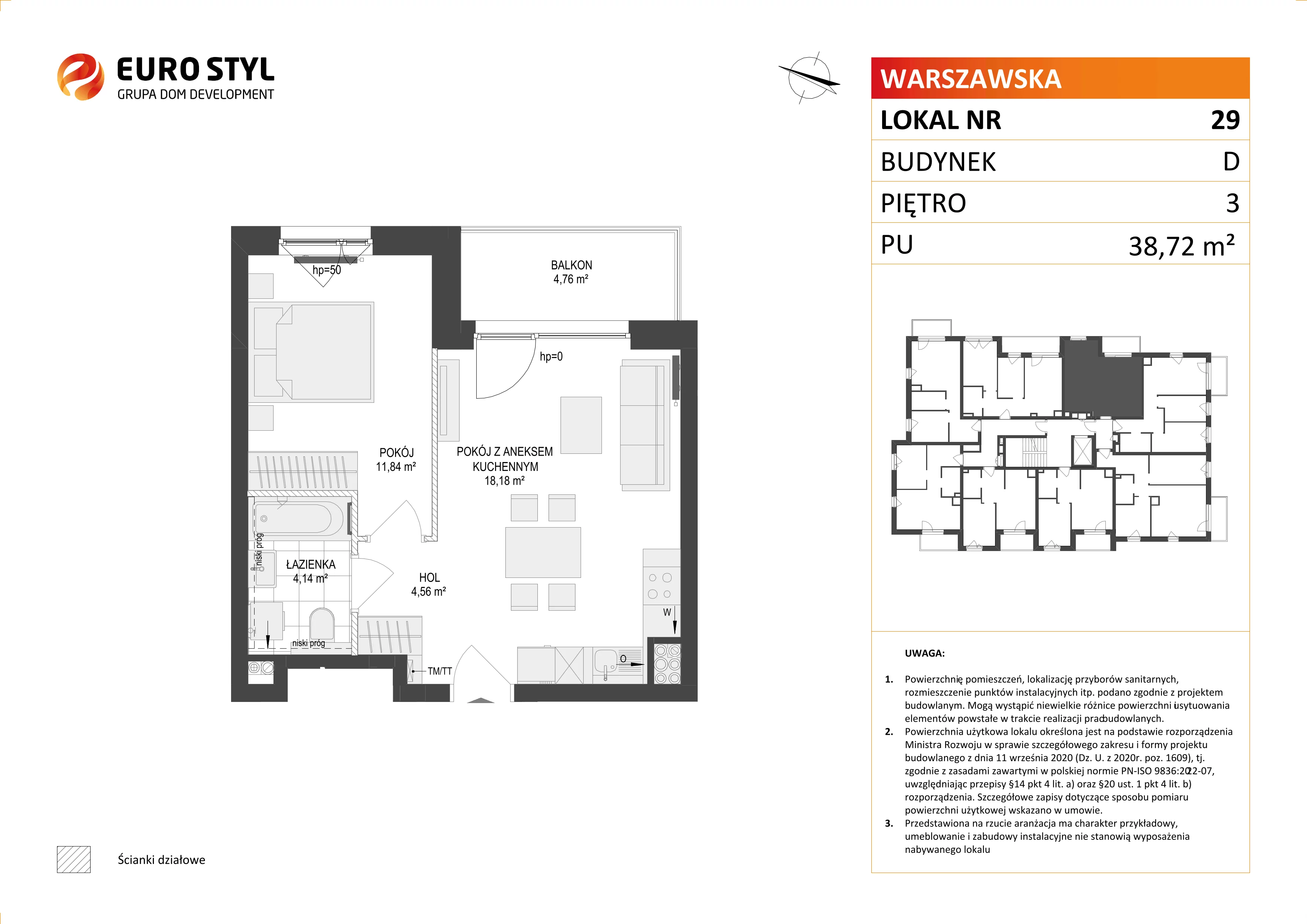 2 pokoje, mieszkanie 38,72 m², piętro 3, oferta nr D/29, Osiedle Warszawska - etap II, Gdańsk, Ujeścisko-Łostowice, Ujeścisko, ul. Warszawska