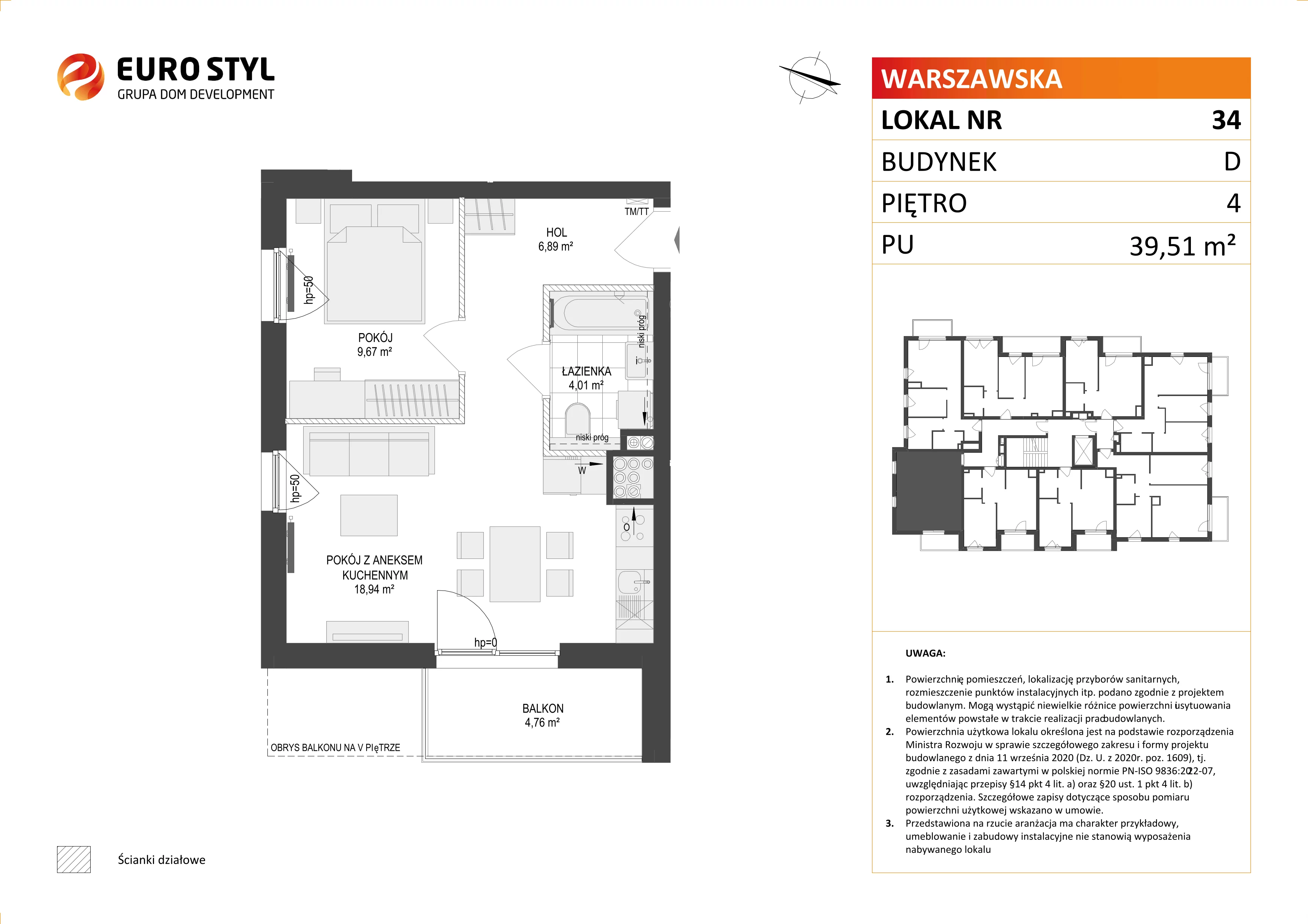 2 pokoje, mieszkanie 39,51 m², piętro 4, oferta nr D/34, Osiedle Warszawska - etap II, Gdańsk, Ujeścisko-Łostowice, Ujeścisko, ul. Warszawska
