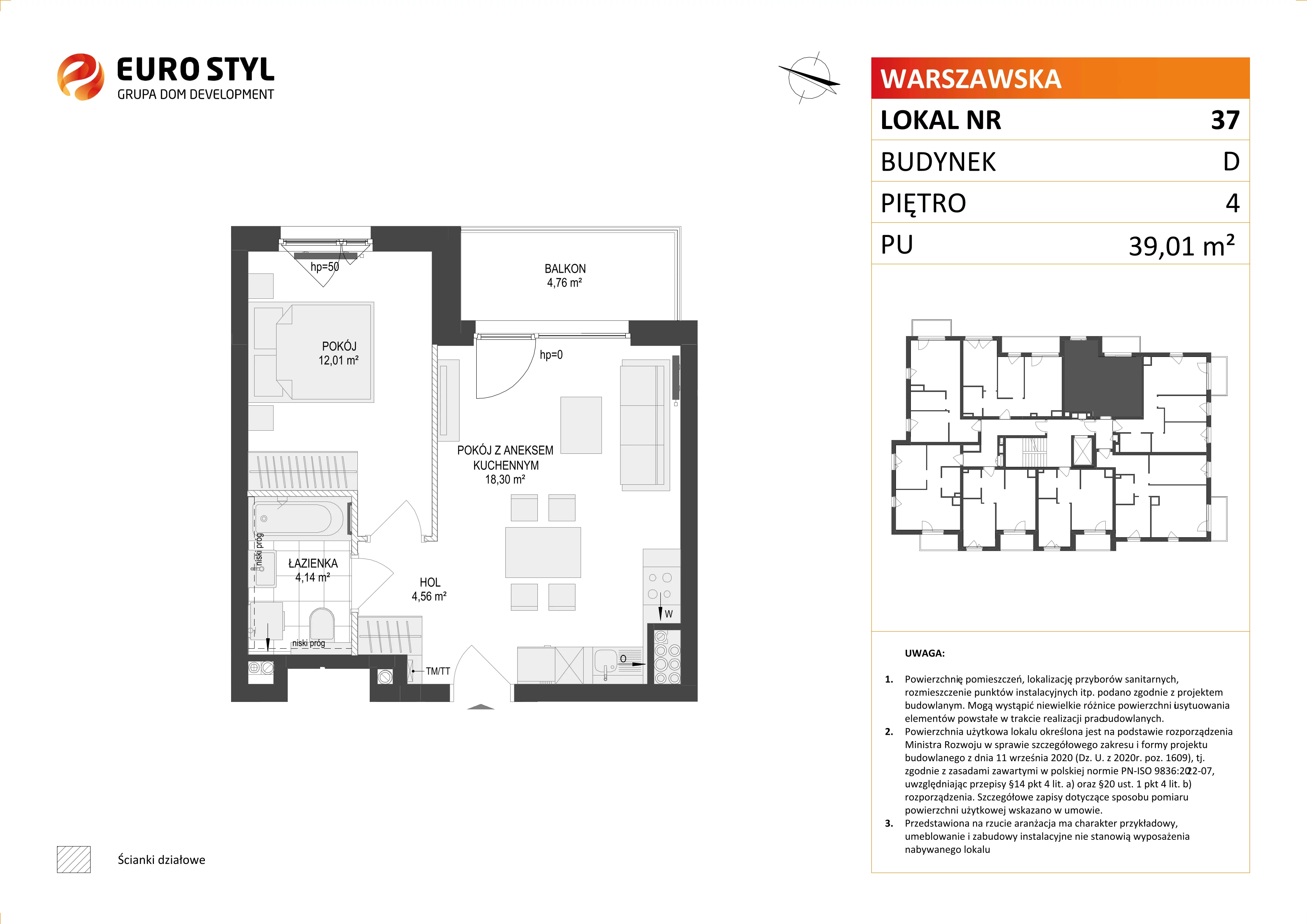 2 pokoje, mieszkanie 39,01 m², piętro 4, oferta nr D/37, Osiedle Warszawska - etap II, Gdańsk, Ujeścisko-Łostowice, Ujeścisko, ul. Warszawska