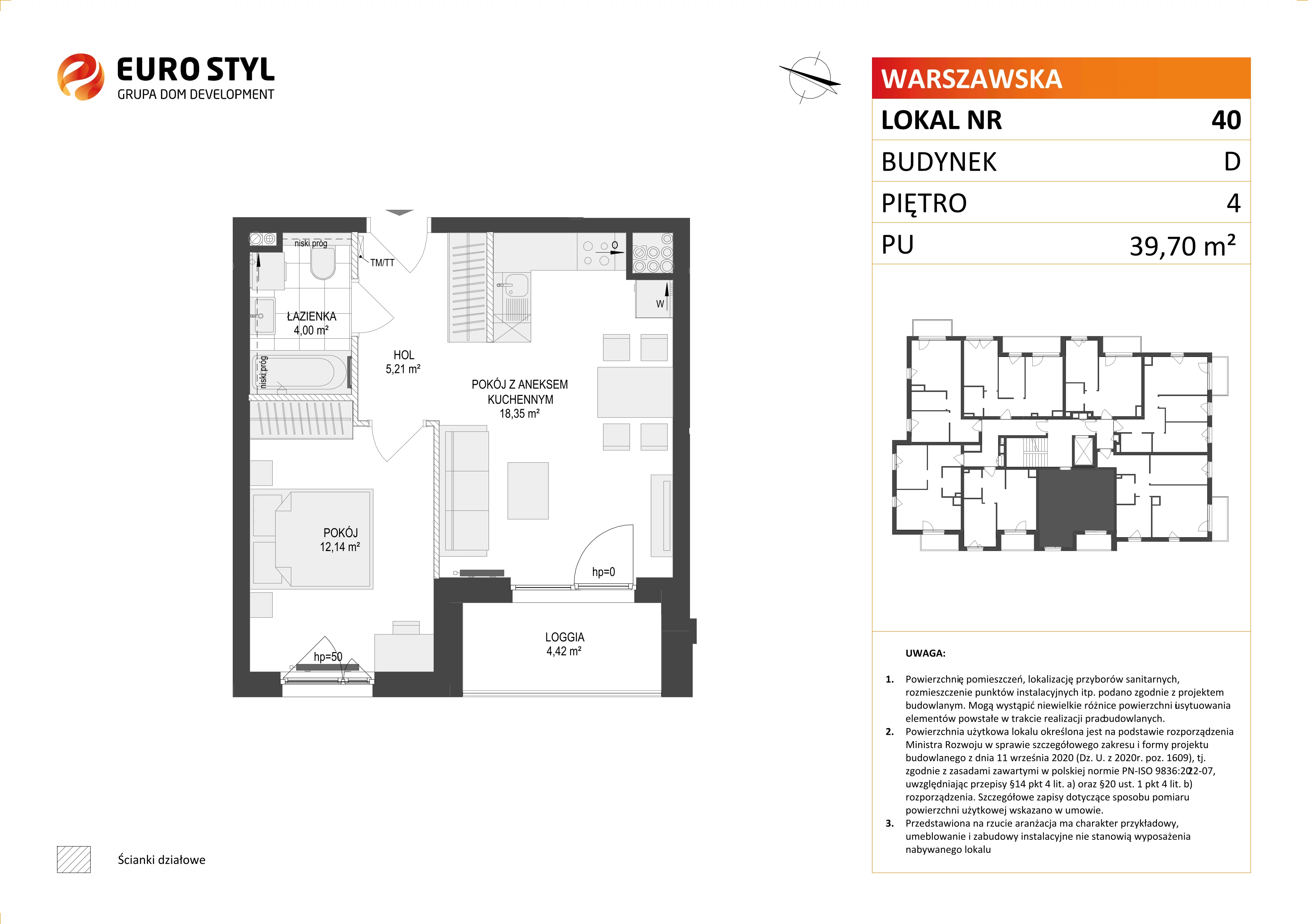 2 pokoje, mieszkanie 39,70 m², piętro 4, oferta nr D/40, Osiedle Warszawska - etap II, Gdańsk, Ujeścisko-Łostowice, Ujeścisko, ul. Warszawska