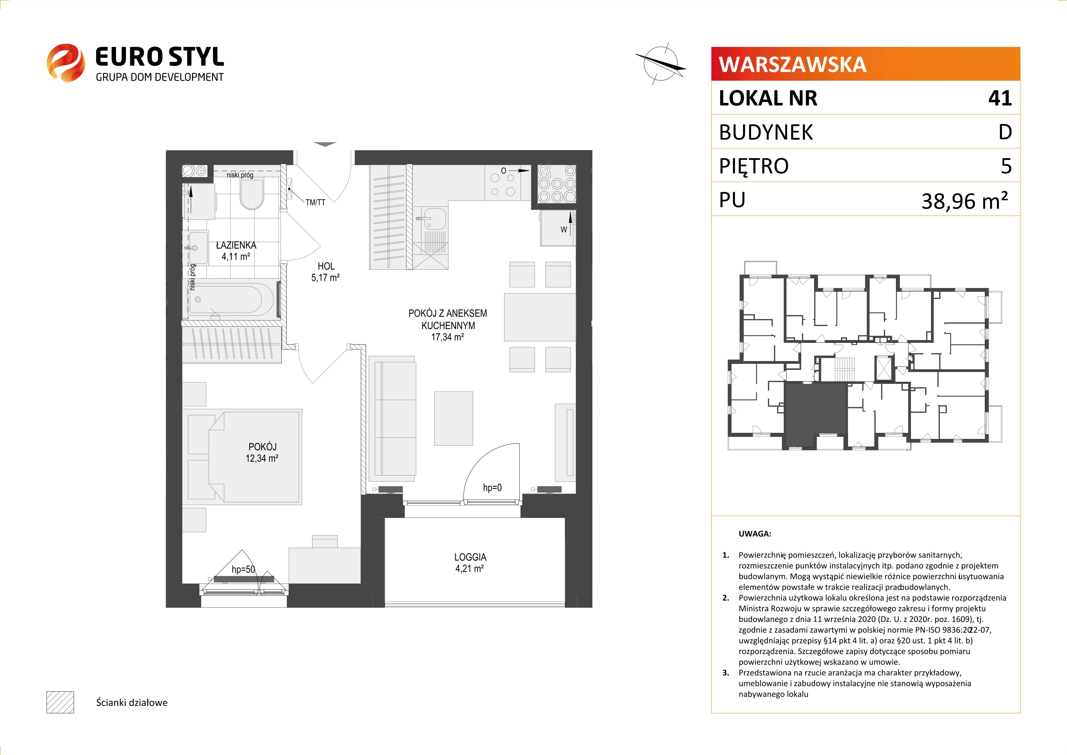 2 pokoje, mieszkanie 38,96 m², piętro 5, oferta nr D/41, Osiedle Warszawska - etap II, Gdańsk, Ujeścisko-Łostowice, Ujeścisko, ul. Warszawska