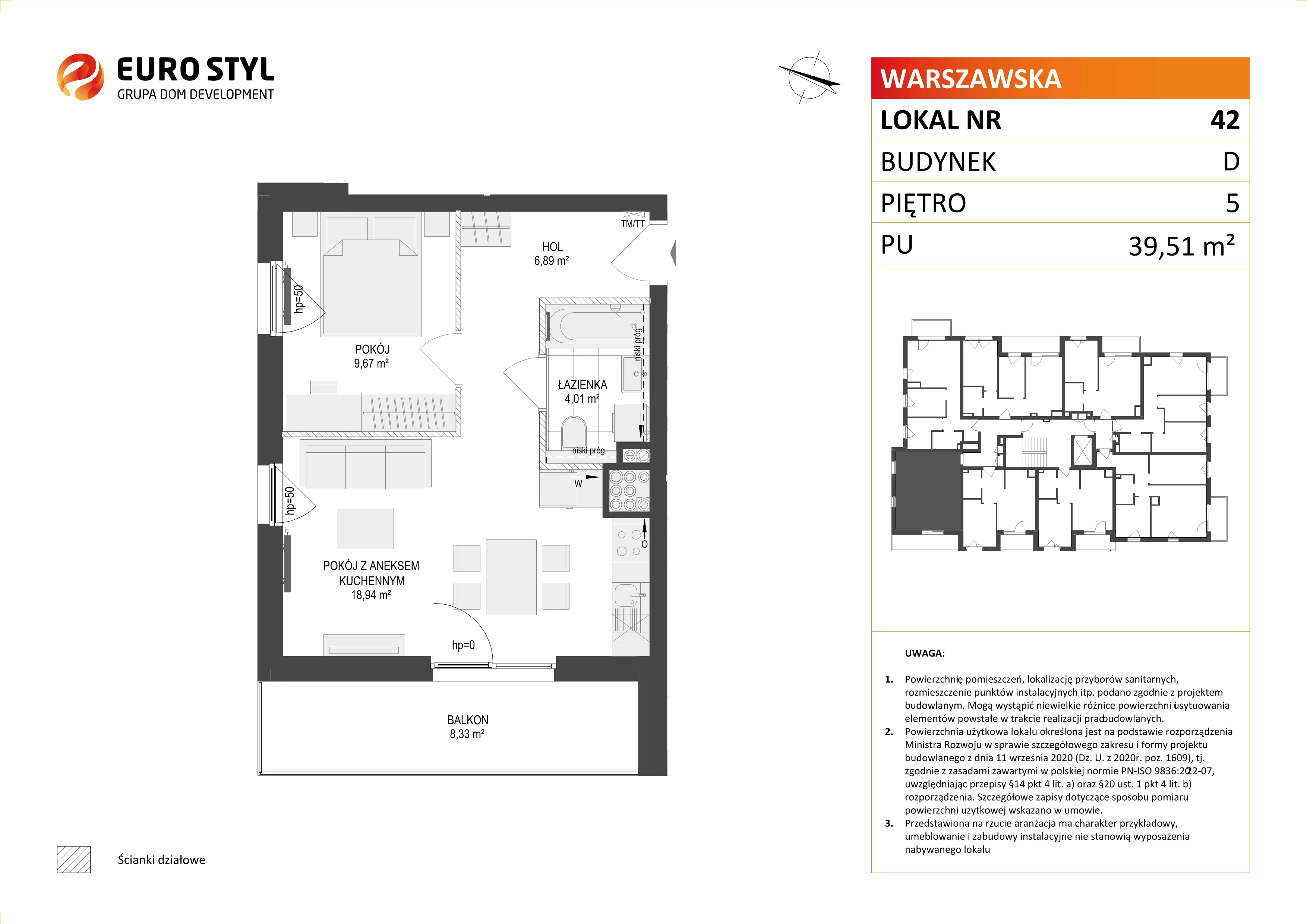2 pokoje, mieszkanie 39,51 m², piętro 5, oferta nr D/42, Osiedle Warszawska - etap II, Gdańsk, Ujeścisko-Łostowice, Ujeścisko, ul. Warszawska