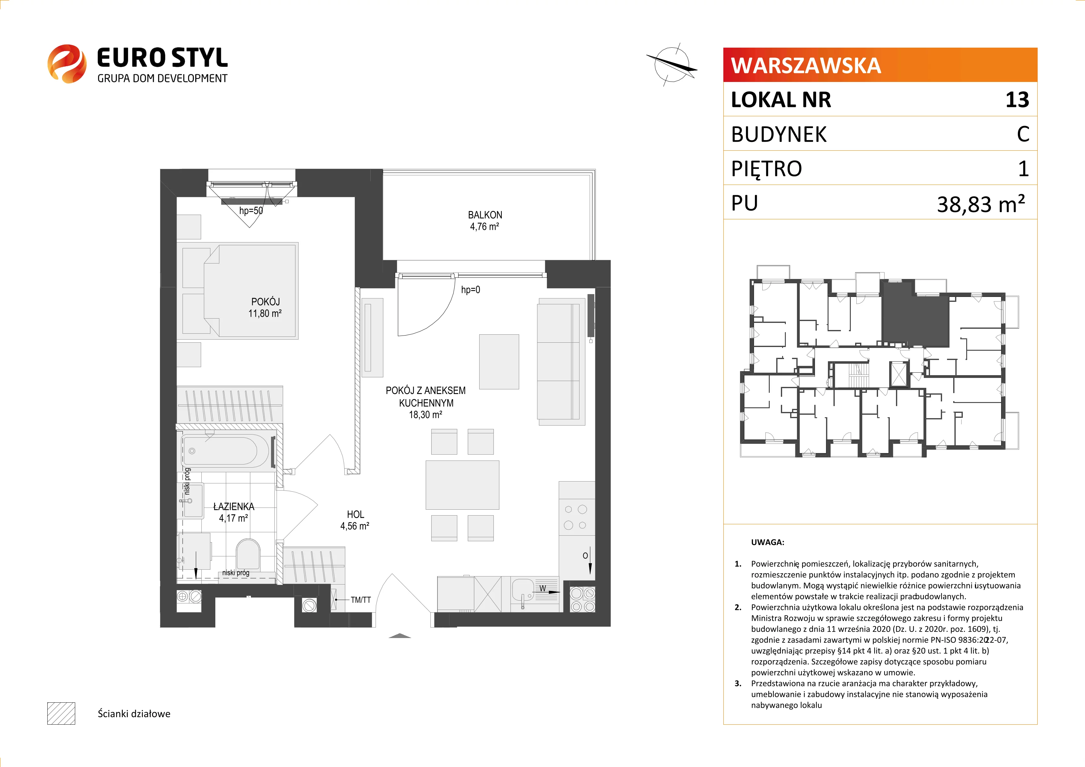 2 pokoje, mieszkanie 38,83 m², piętro 1, oferta nr C/13, Osiedle Warszawska - etap II, Gdańsk, Ujeścisko-Łostowice, Ujeścisko, ul. Warszawska