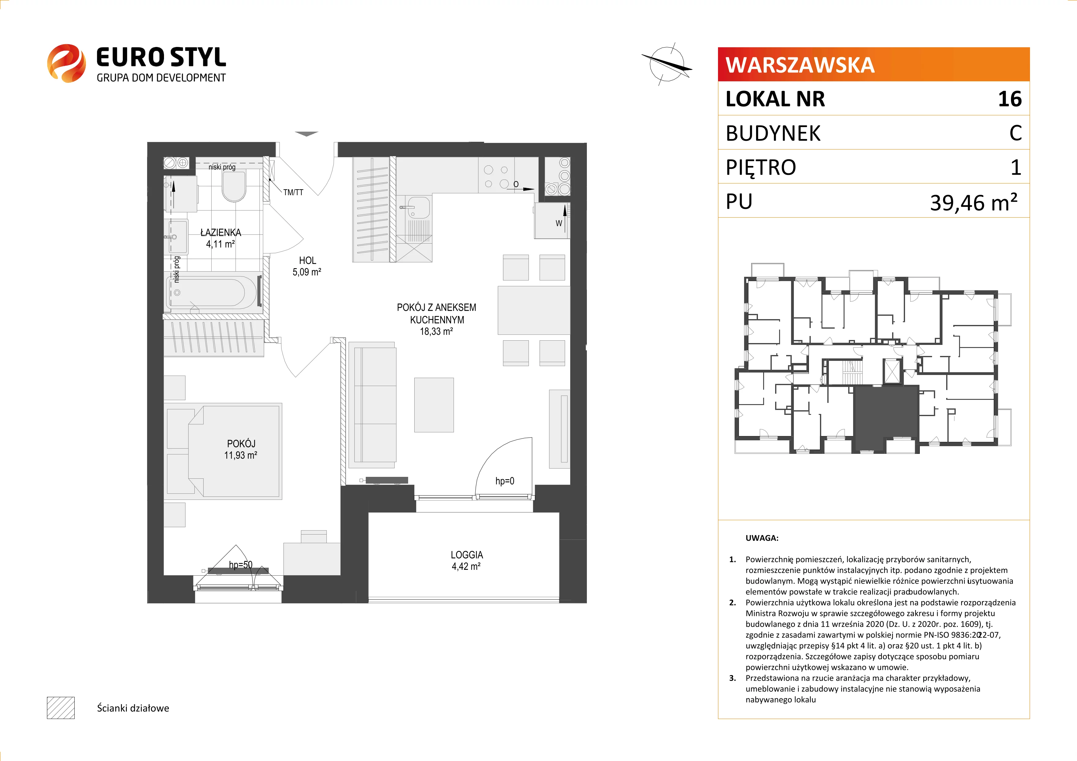 2 pokoje, mieszkanie 39,46 m², piętro 1, oferta nr C/16, Osiedle Warszawska - etap II, Gdańsk, Ujeścisko-Łostowice, Ujeścisko, ul. Warszawska