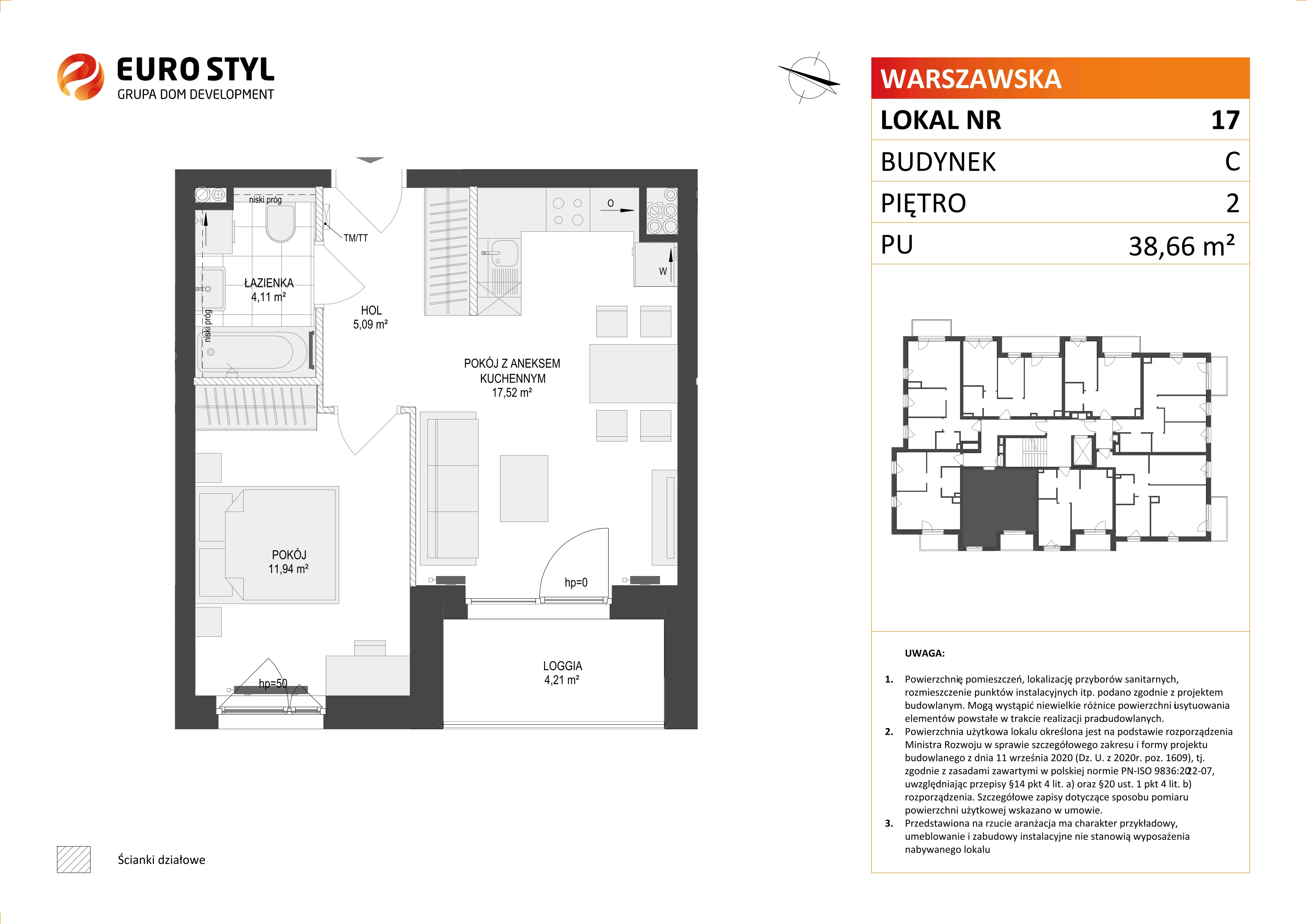 2 pokoje, mieszkanie 38,66 m², piętro 2, oferta nr C/17, Osiedle Warszawska - etap II, Gdańsk, Ujeścisko-Łostowice, Ujeścisko, ul. Warszawska