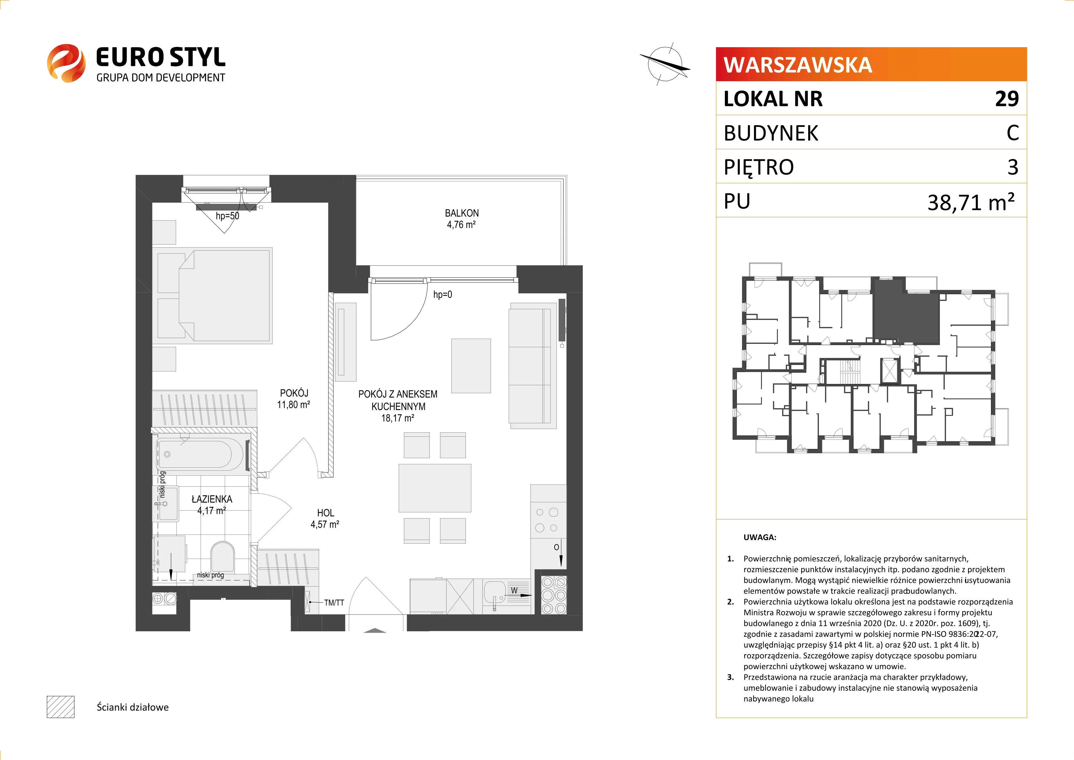 2 pokoje, mieszkanie 38,71 m², piętro 3, oferta nr C/29, Osiedle Warszawska - etap II, Gdańsk, Ujeścisko-Łostowice, Ujeścisko, ul. Warszawska