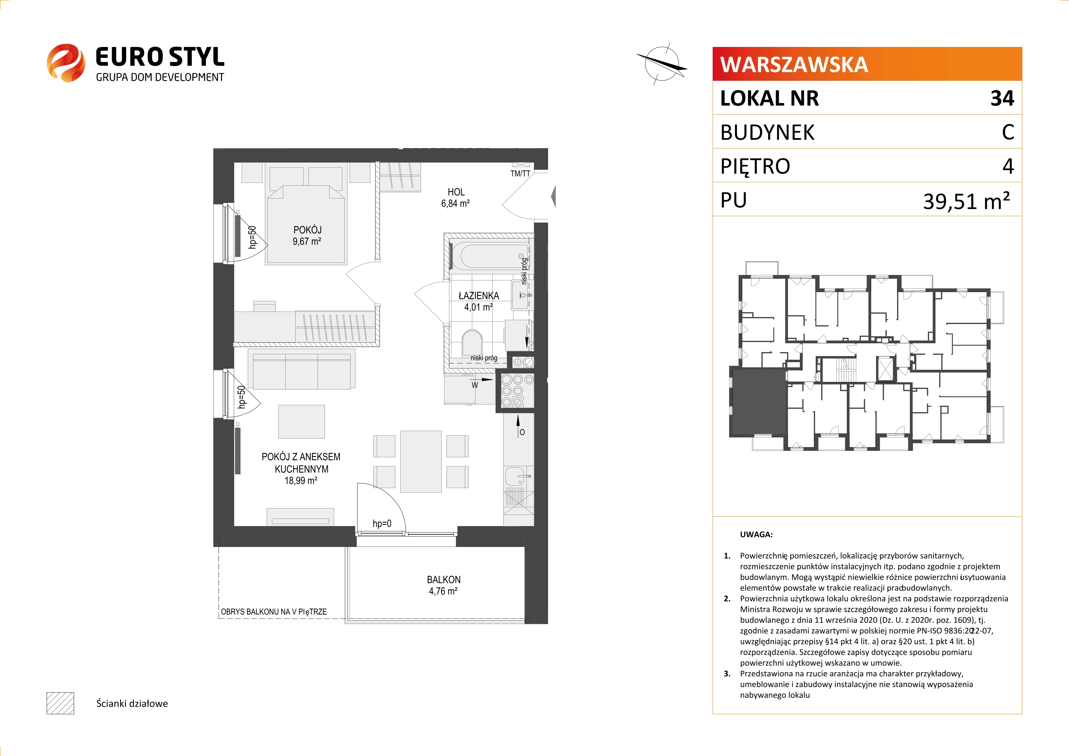 2 pokoje, mieszkanie 39,51 m², piętro 4, oferta nr C/34, Osiedle Warszawska - etap II, Gdańsk, Ujeścisko-Łostowice, Ujeścisko, ul. Warszawska
