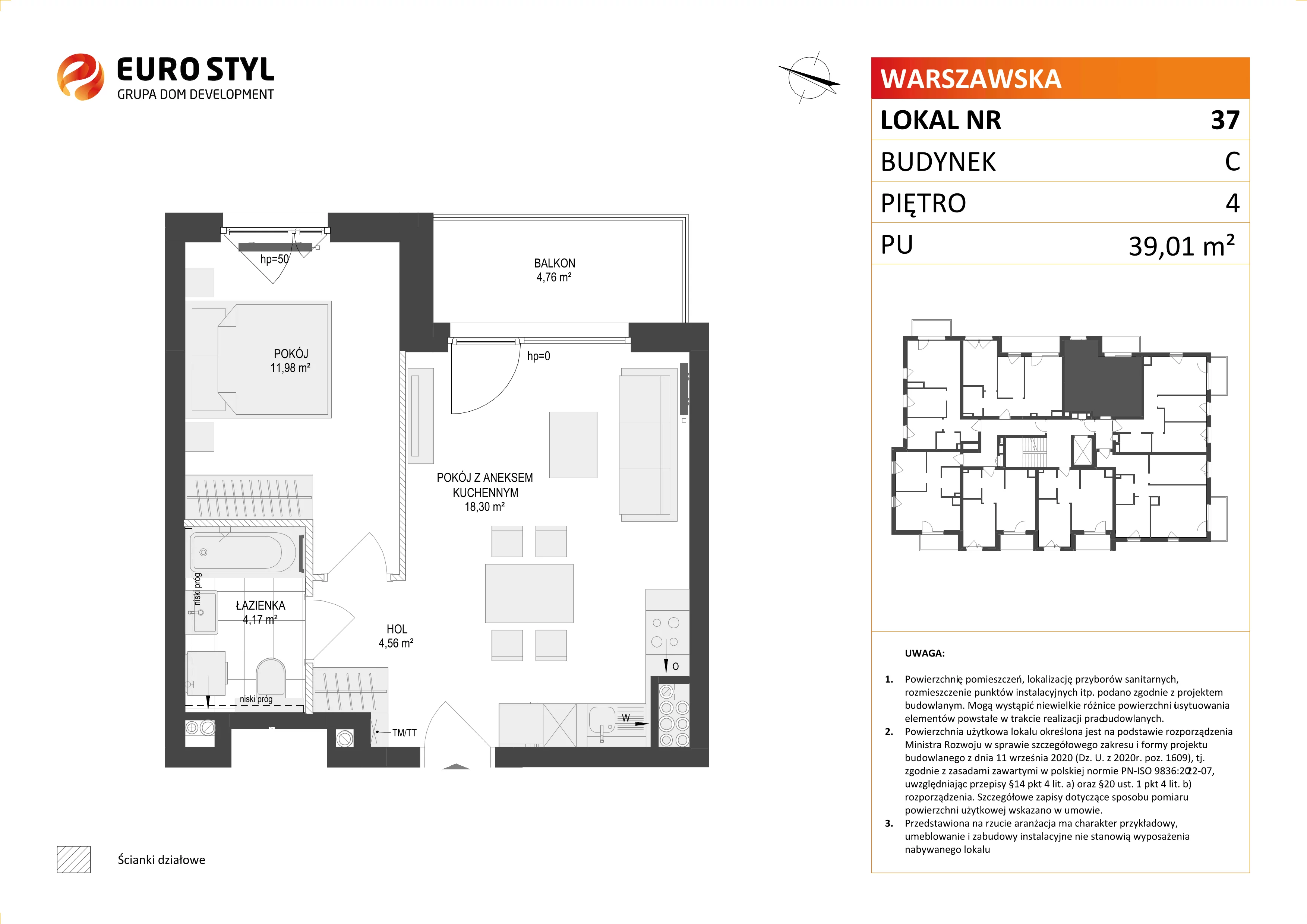 2 pokoje, mieszkanie 39,01 m², piętro 4, oferta nr C/37, Osiedle Warszawska - etap II, Gdańsk, Ujeścisko-Łostowice, Ujeścisko, ul. Warszawska