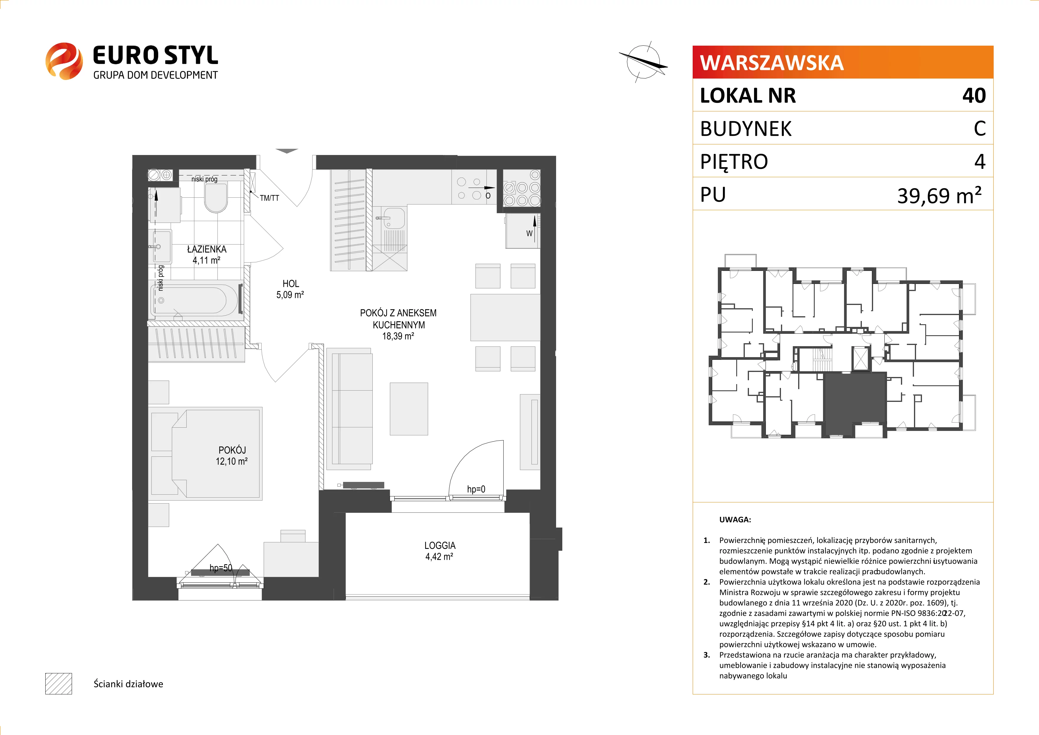 2 pokoje, mieszkanie 39,69 m², piętro 4, oferta nr C/40, Osiedle Warszawska - etap II, Gdańsk, Ujeścisko-Łostowice, Ujeścisko, ul. Warszawska