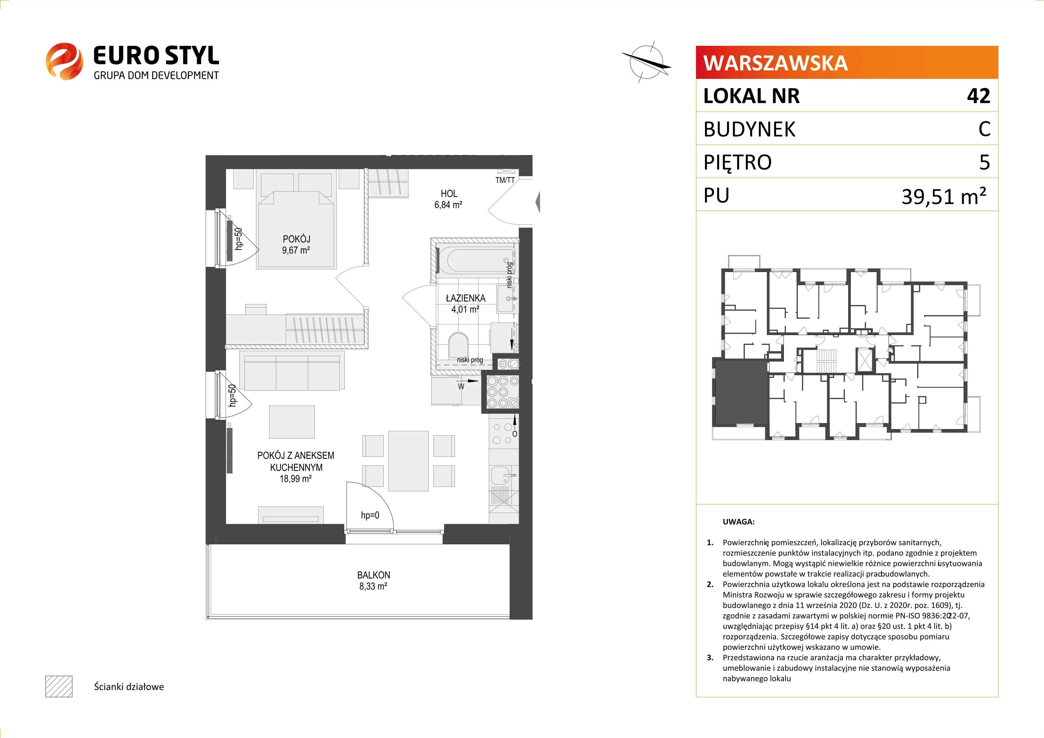 2 pokoje, mieszkanie 39,51 m², piętro 5, oferta nr C/42, Osiedle Warszawska - etap II, Gdańsk, Ujeścisko-Łostowice, Ujeścisko, ul. Warszawska