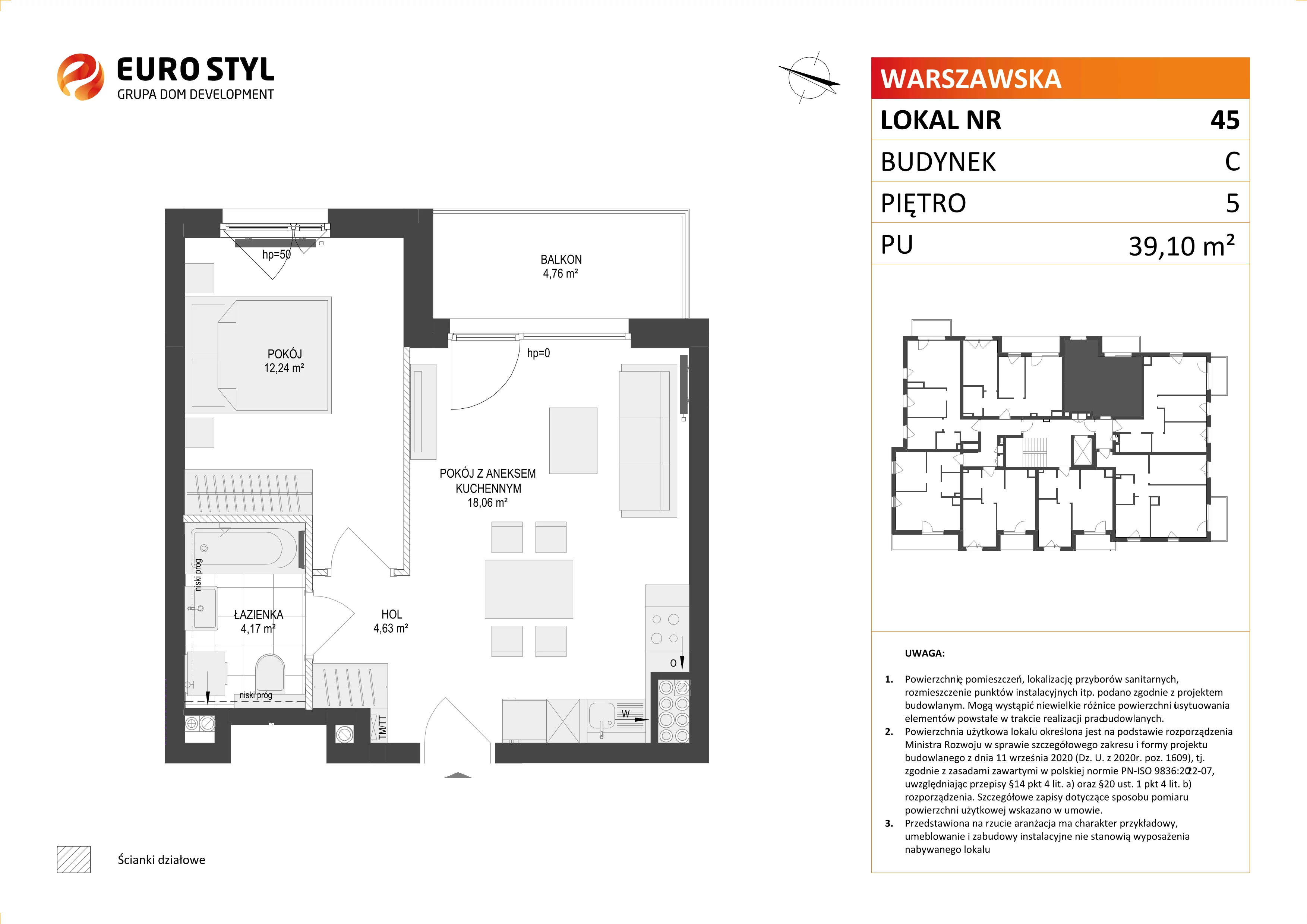 2 pokoje, mieszkanie 39,10 m², piętro 5, oferta nr C/45, Osiedle Warszawska - etap II, Gdańsk, Ujeścisko-Łostowice, Ujeścisko, ul. Warszawska