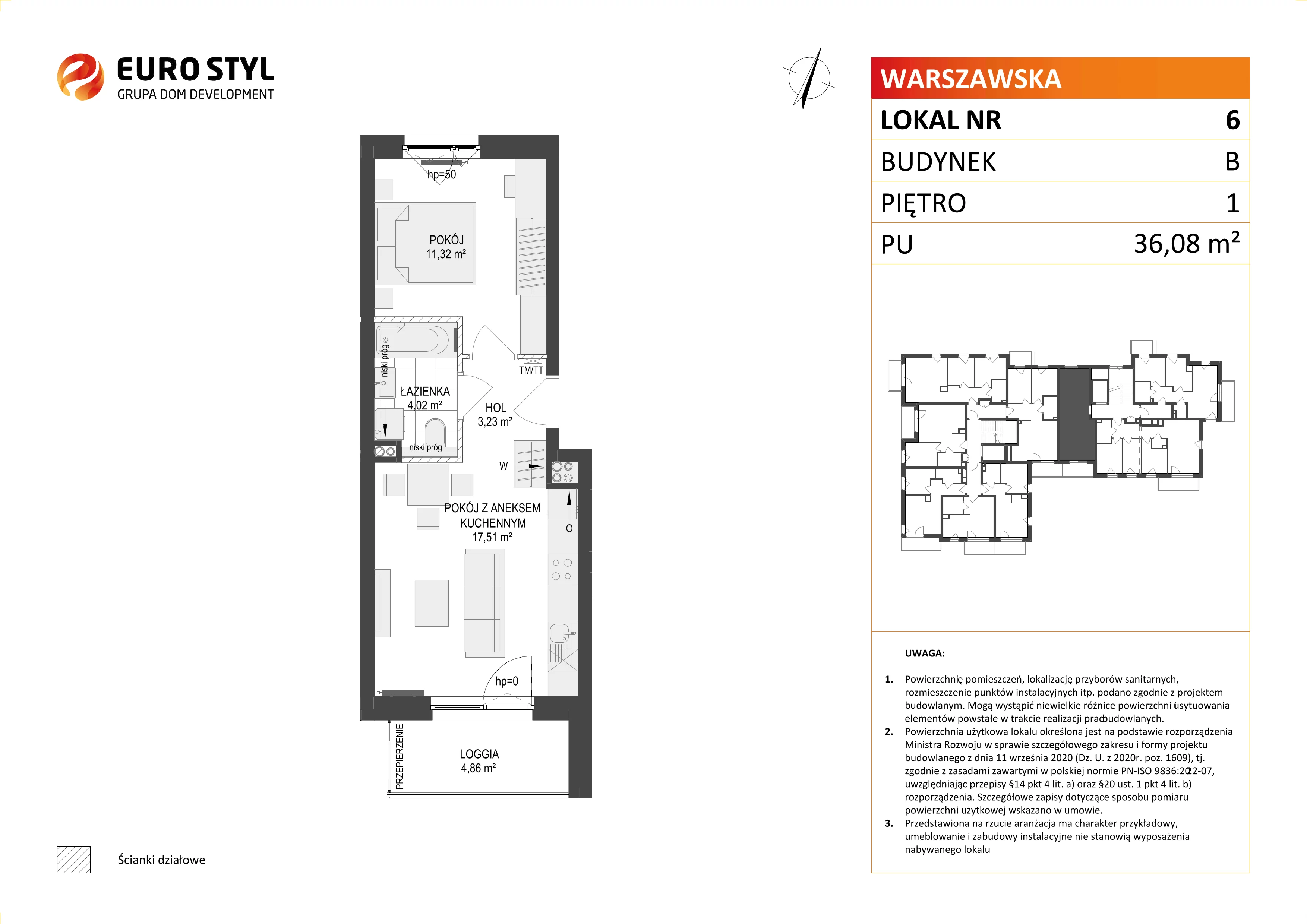 2 pokoje, mieszkanie 36,08 m², piętro 1, oferta nr B/6, Osiedle Warszawska - etap III, Gdańsk, Ujeścisko-Łostowice, Ujeścisko, ul. Warszawska