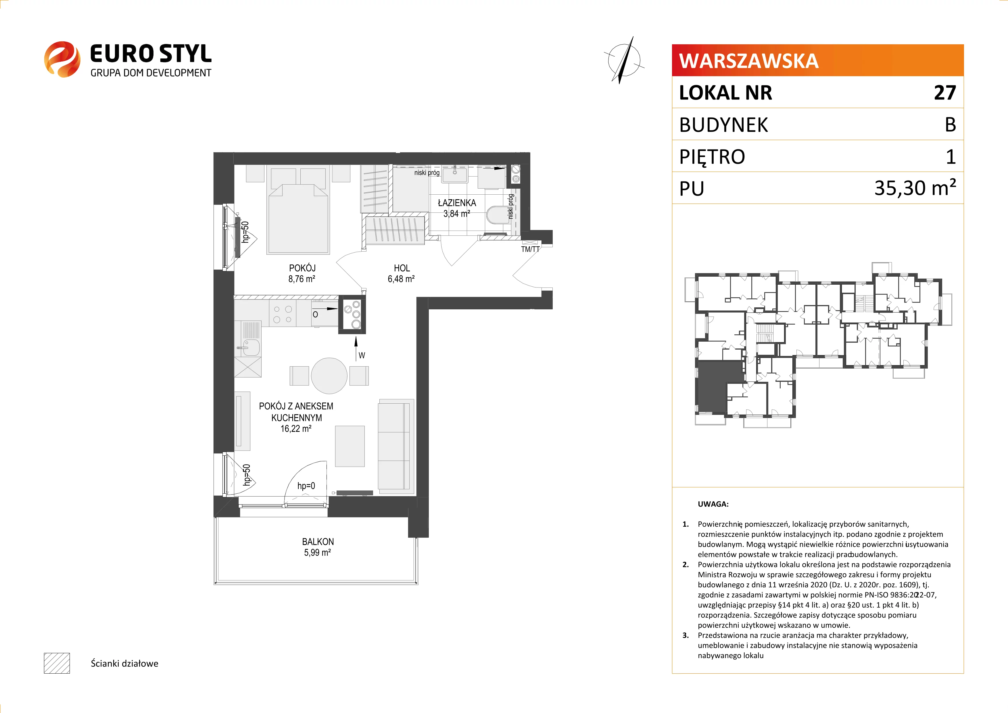 2 pokoje, mieszkanie 35,30 m², piętro 1, oferta nr B/27, Osiedle Warszawska - etap III, Gdańsk, Ujeścisko-Łostowice, Ujeścisko, ul. Warszawska