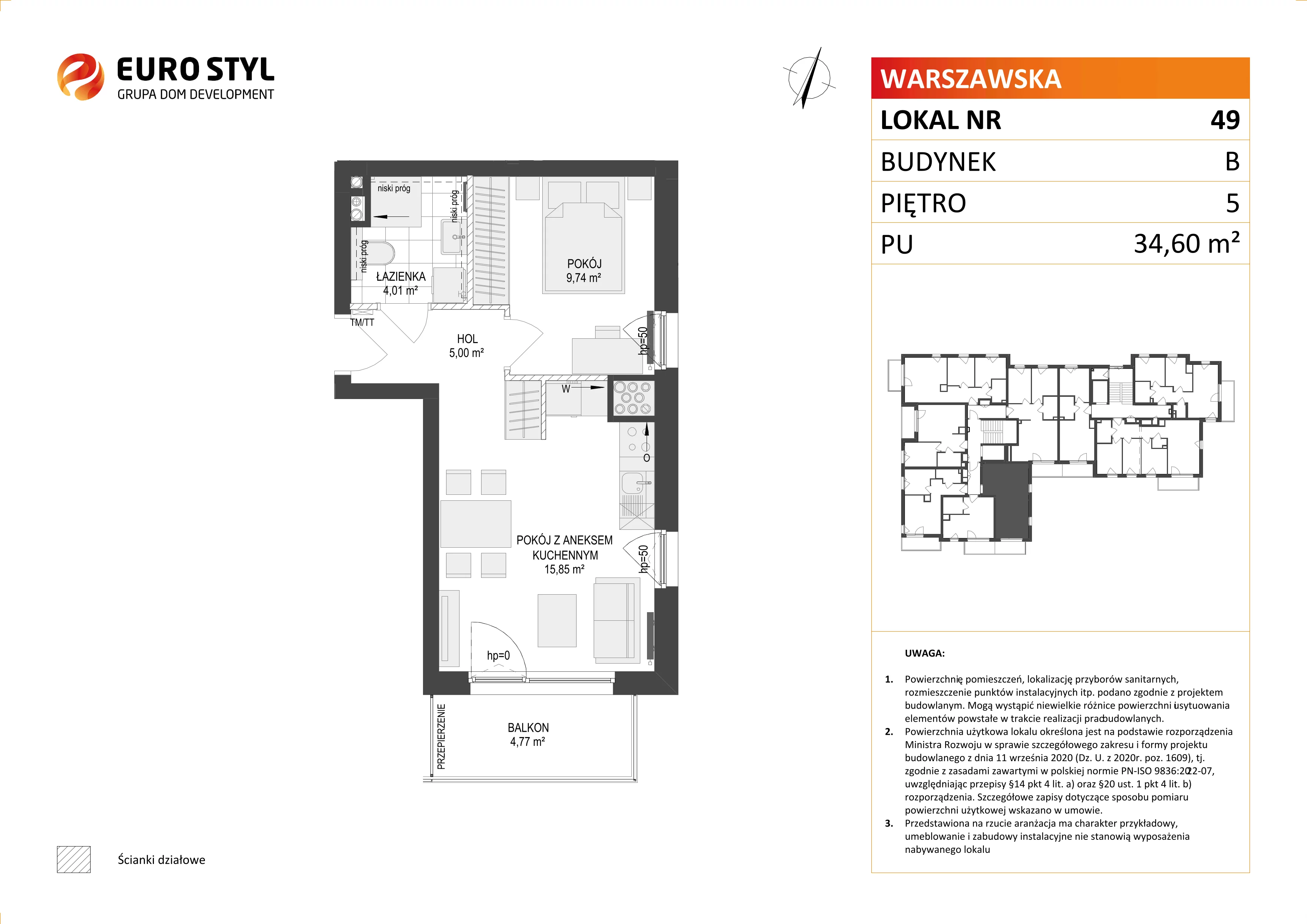 2 pokoje, mieszkanie 34,60 m², piętro 5, oferta nr B/49, Osiedle Warszawska - etap III, Gdańsk, Ujeścisko-Łostowice, Ujeścisko, ul. Warszawska
