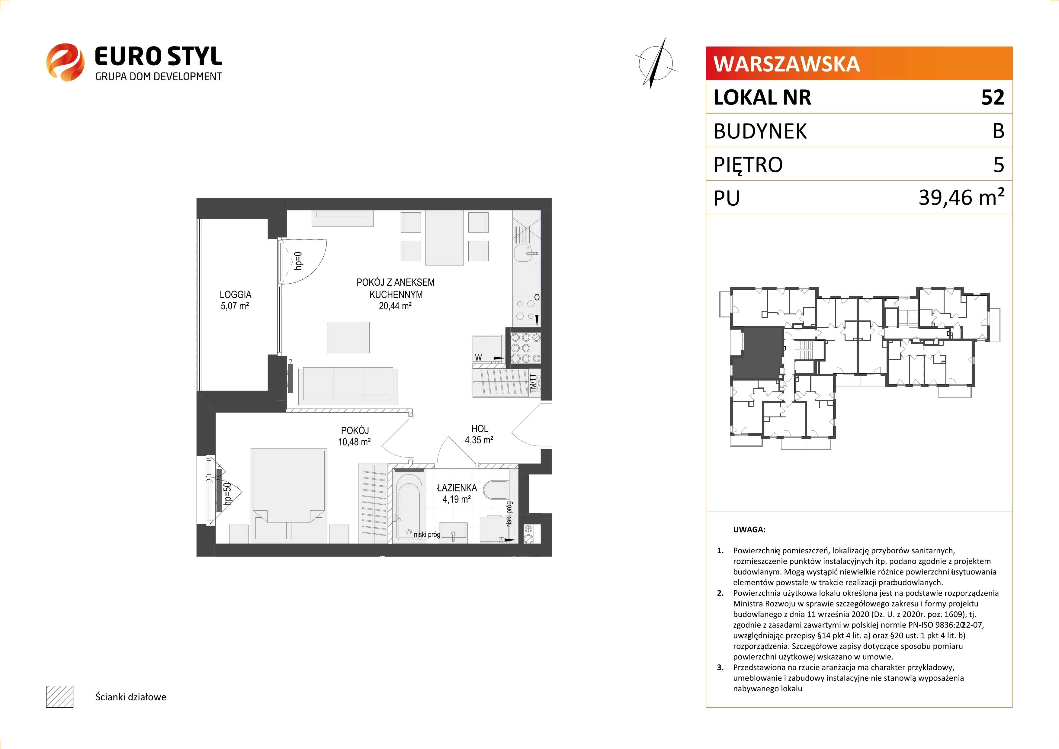 2 pokoje, mieszkanie 39,46 m², piętro 5, oferta nr B/52, Osiedle Warszawska - etap III, Gdańsk, Ujeścisko-Łostowice, Ujeścisko, ul. Warszawska
