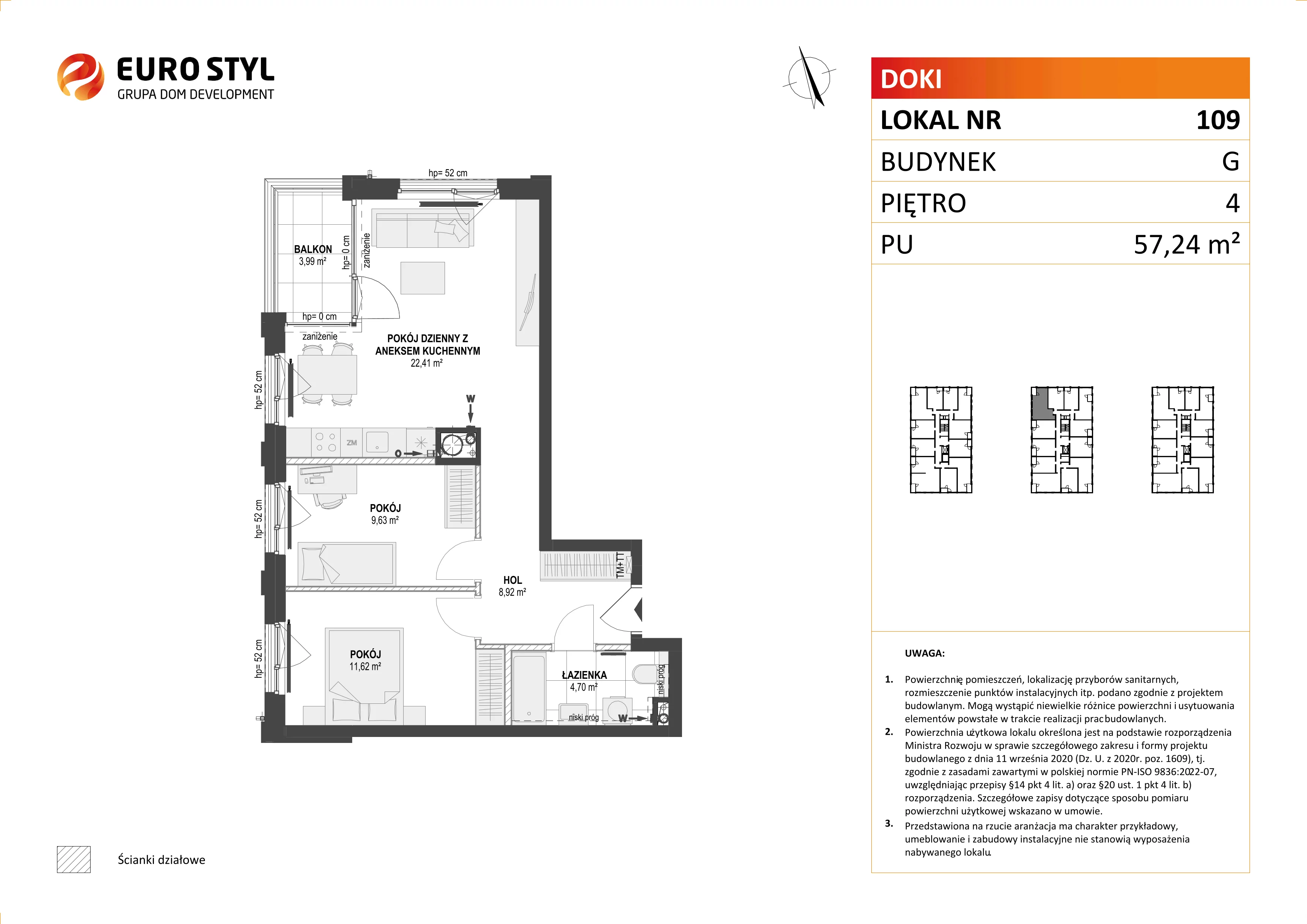 Mieszkanie 57,24 m², piętro 4, oferta nr G/109, DOKI Living - etap II, Gdańsk, Śródmieście, ul. Aleja Doki