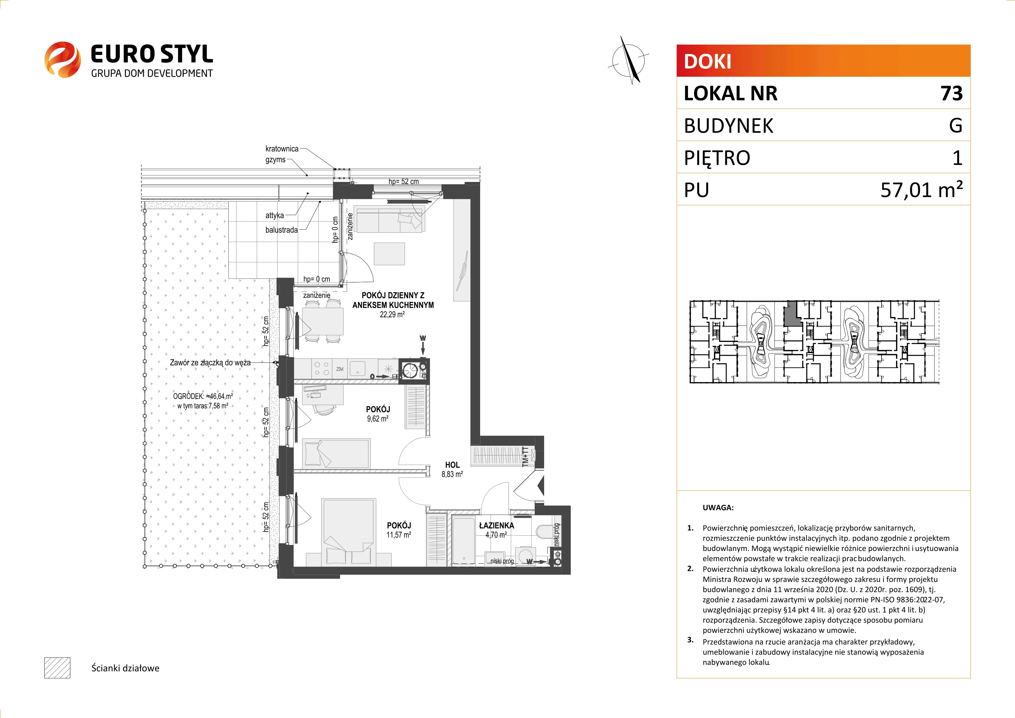 Mieszkanie 57,01 m², piętro 1, oferta nr G/73, DOKI Living - etap II, Gdańsk, Śródmieście, ul. Aleja Doki