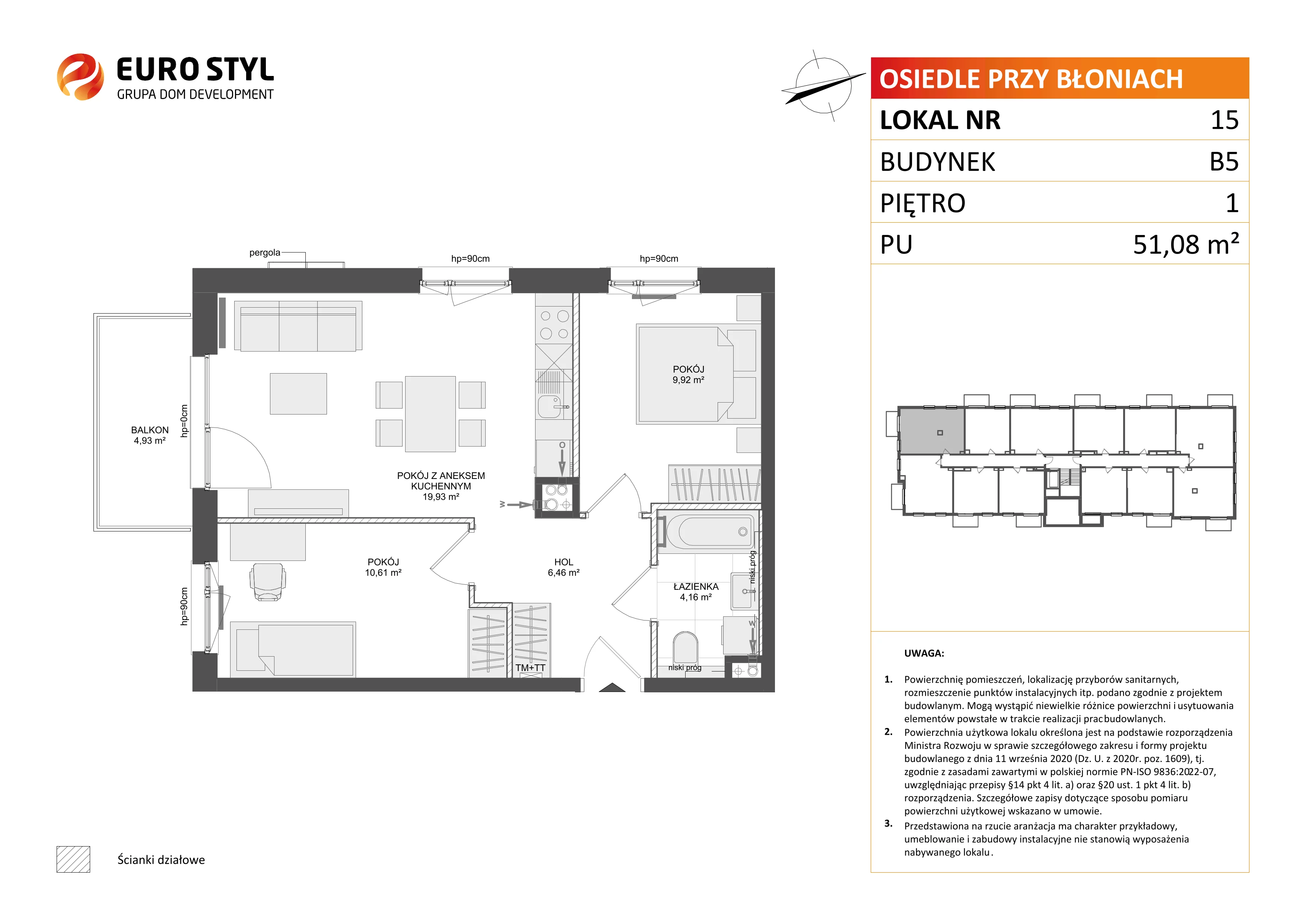 3 pokoje, mieszkanie 51,08 m², piętro 1, oferta nr B5/15, Osiedle przy Błoniach 3 - etap IV, Rumia, Janowo, ul. Błoń Janowskich 