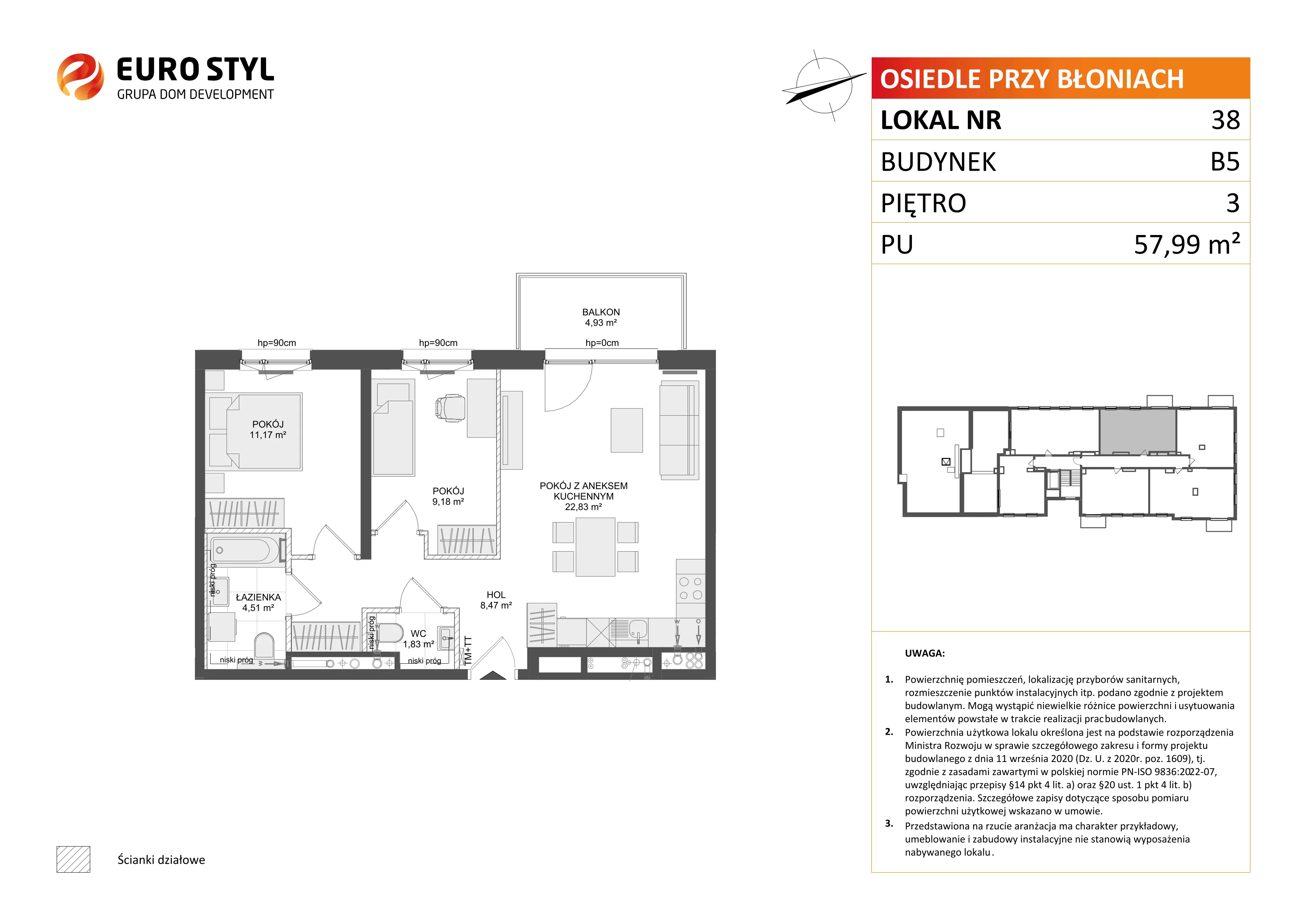3 pokoje, mieszkanie 57,99 m², piętro 3, oferta nr B5/38, Osiedle przy Błoniach 3 - etap IV, Rumia, Janowo, ul. Błoń Janowskich 