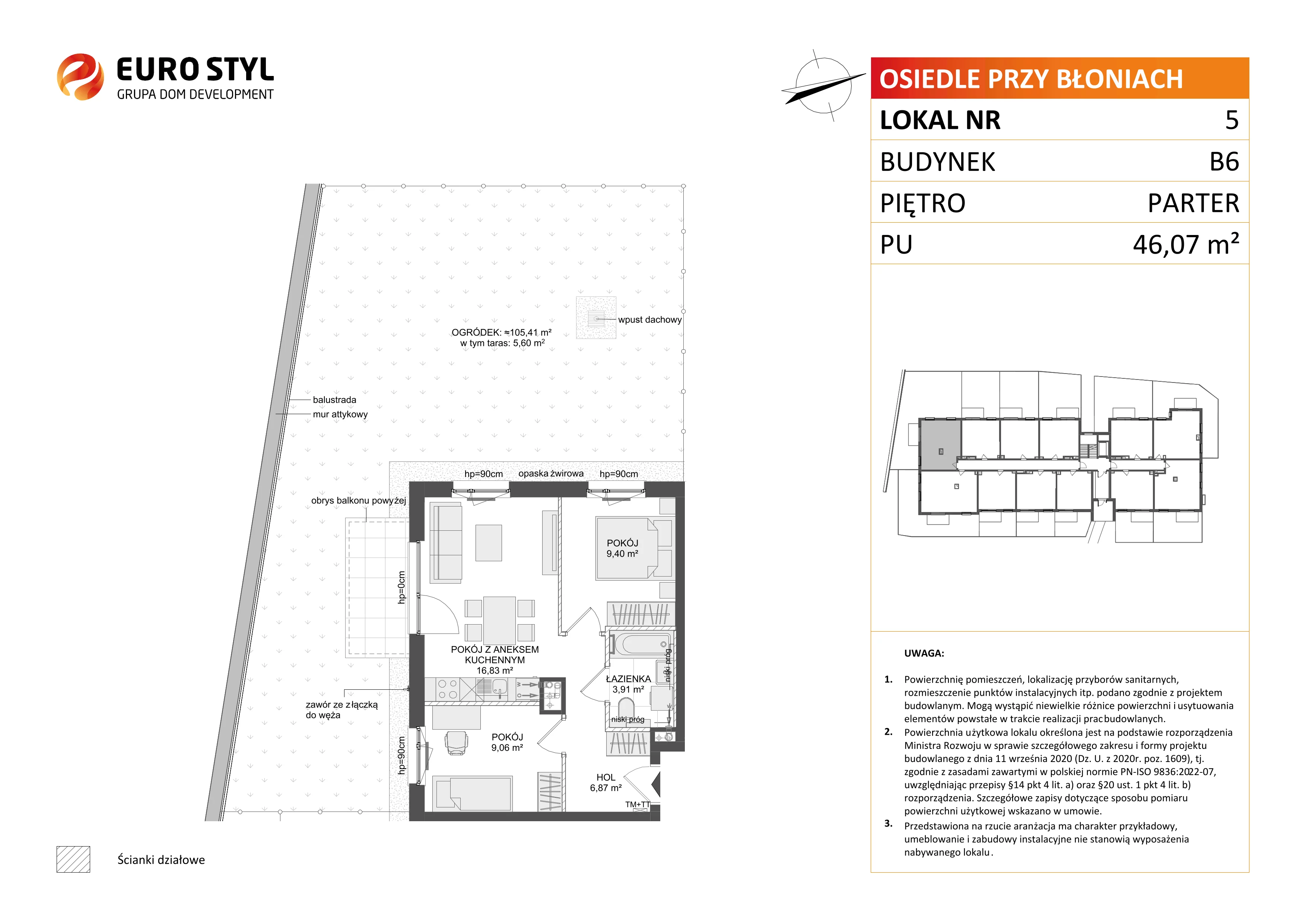 3 pokoje, mieszkanie 46,07 m², parter, oferta nr B6/5, Osiedle przy Błoniach 3 - etap IV, Rumia, Janowo, ul. Błoń Janowskich 