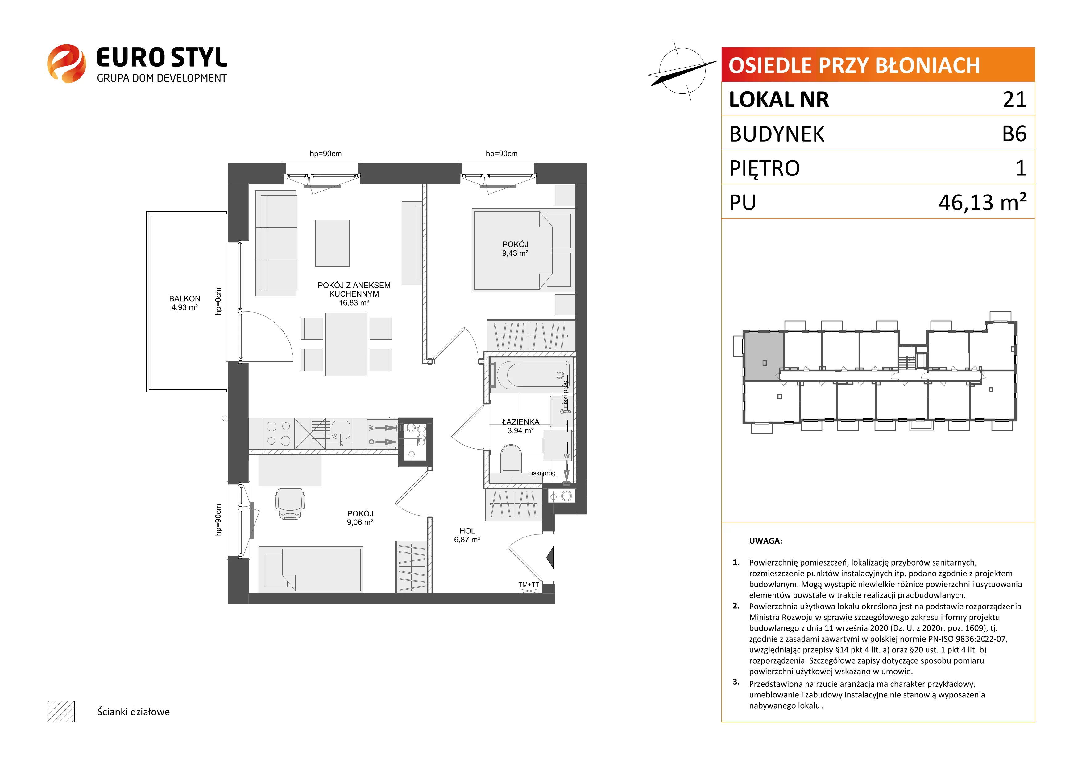 3 pokoje, mieszkanie 46,13 m², piętro 1, oferta nr B6/21, Osiedle przy Błoniach 3 - etap IV, Rumia, Janowo, ul. Błoń Janowskich 