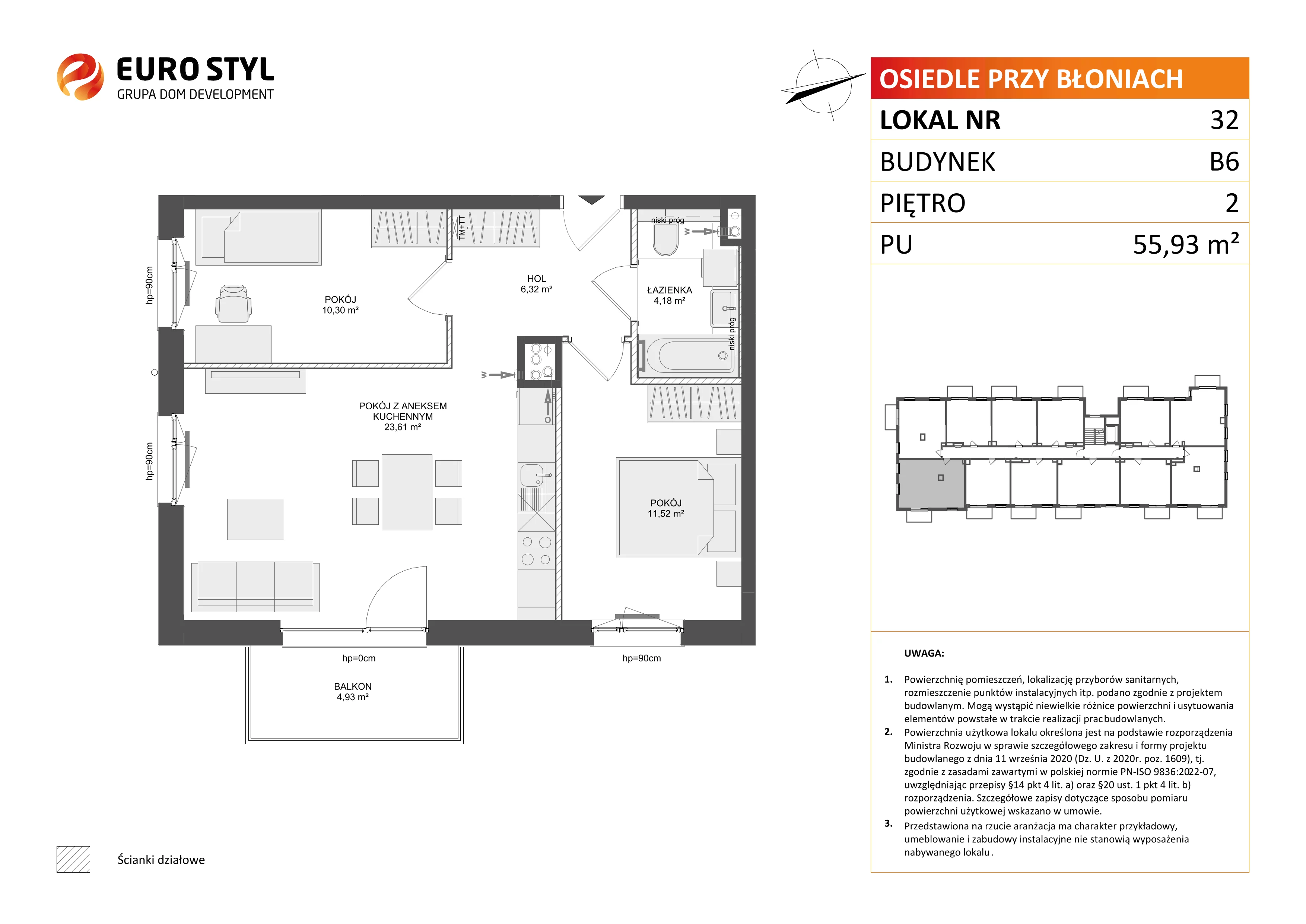 3 pokoje, mieszkanie 55,93 m², piętro 2, oferta nr B6/32, Osiedle przy Błoniach 3 - etap IV, Rumia, Janowo, ul. Błoń Janowskich 