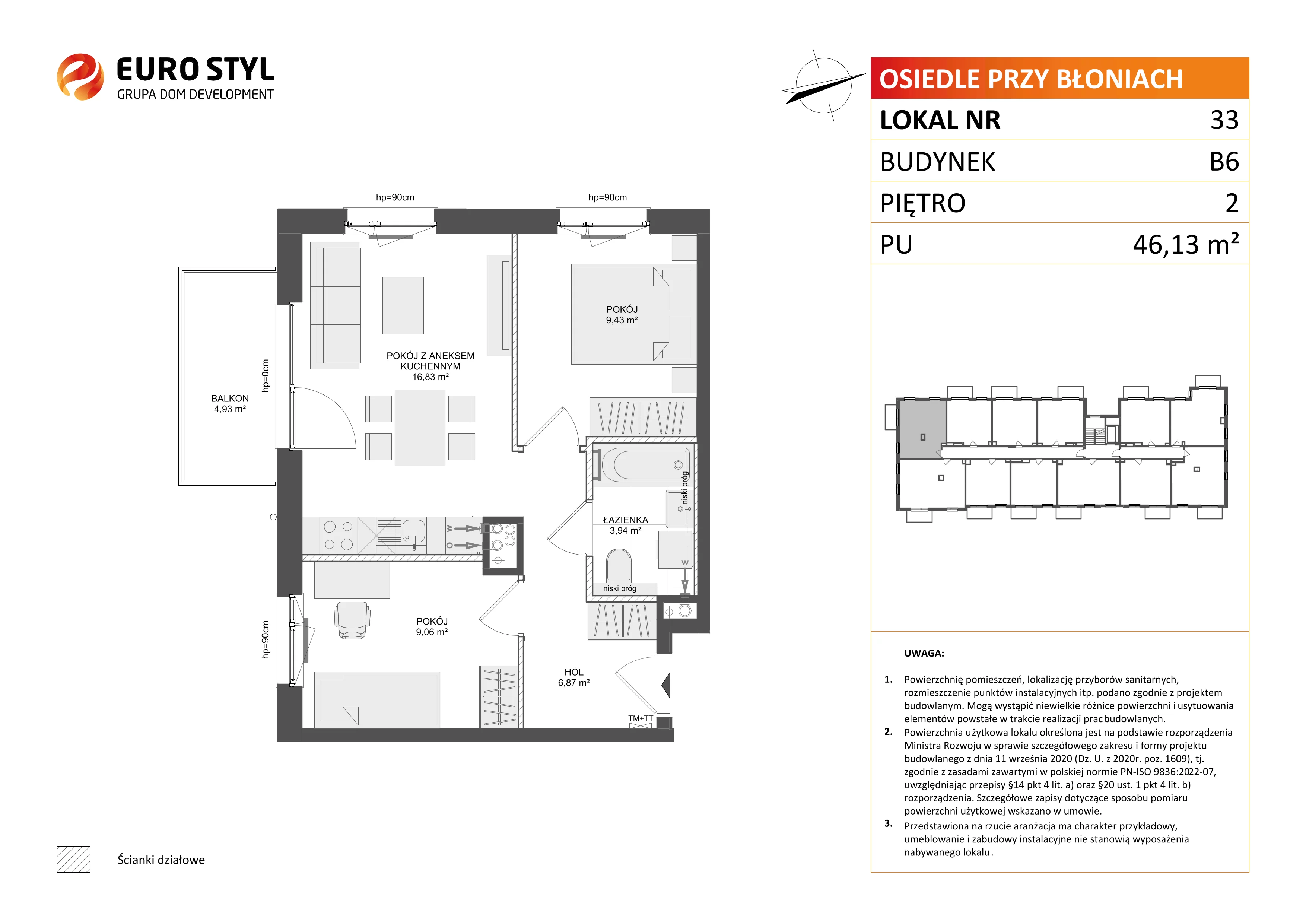 3 pokoje, mieszkanie 46,13 m², piętro 2, oferta nr B6/33, Osiedle przy Błoniach 3 - etap IV, Rumia, Janowo, ul. Błoń Janowskich 