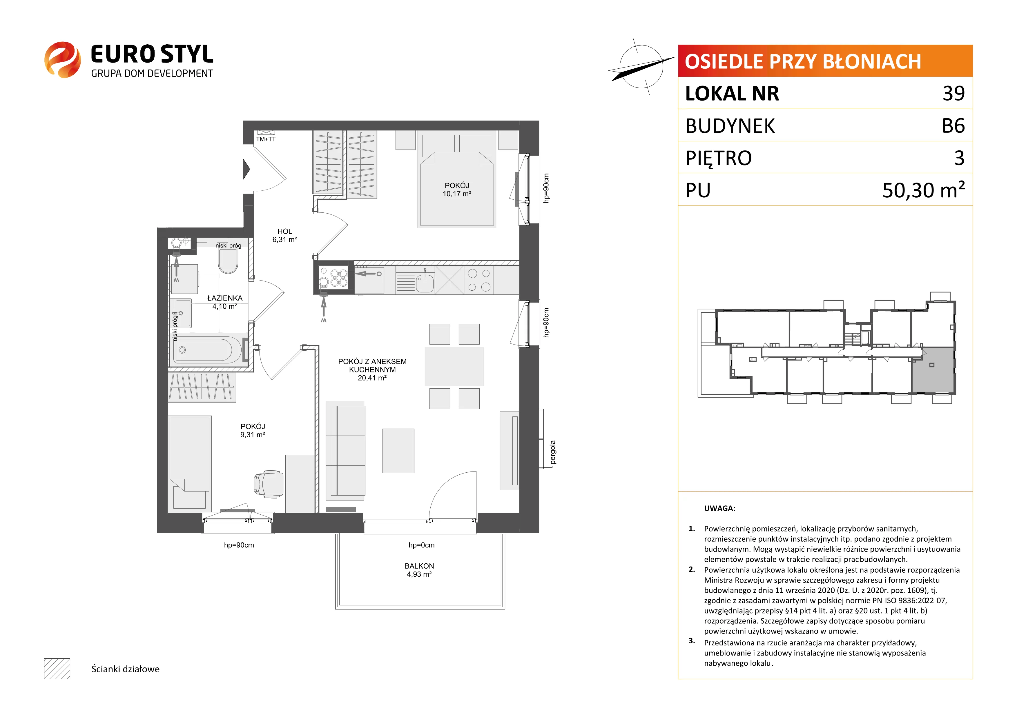 3 pokoje, mieszkanie 50,30 m², piętro 3, oferta nr B6/39, Osiedle przy Błoniach 3 - etap IV, Rumia, Janowo, ul. Błoń Janowskich 