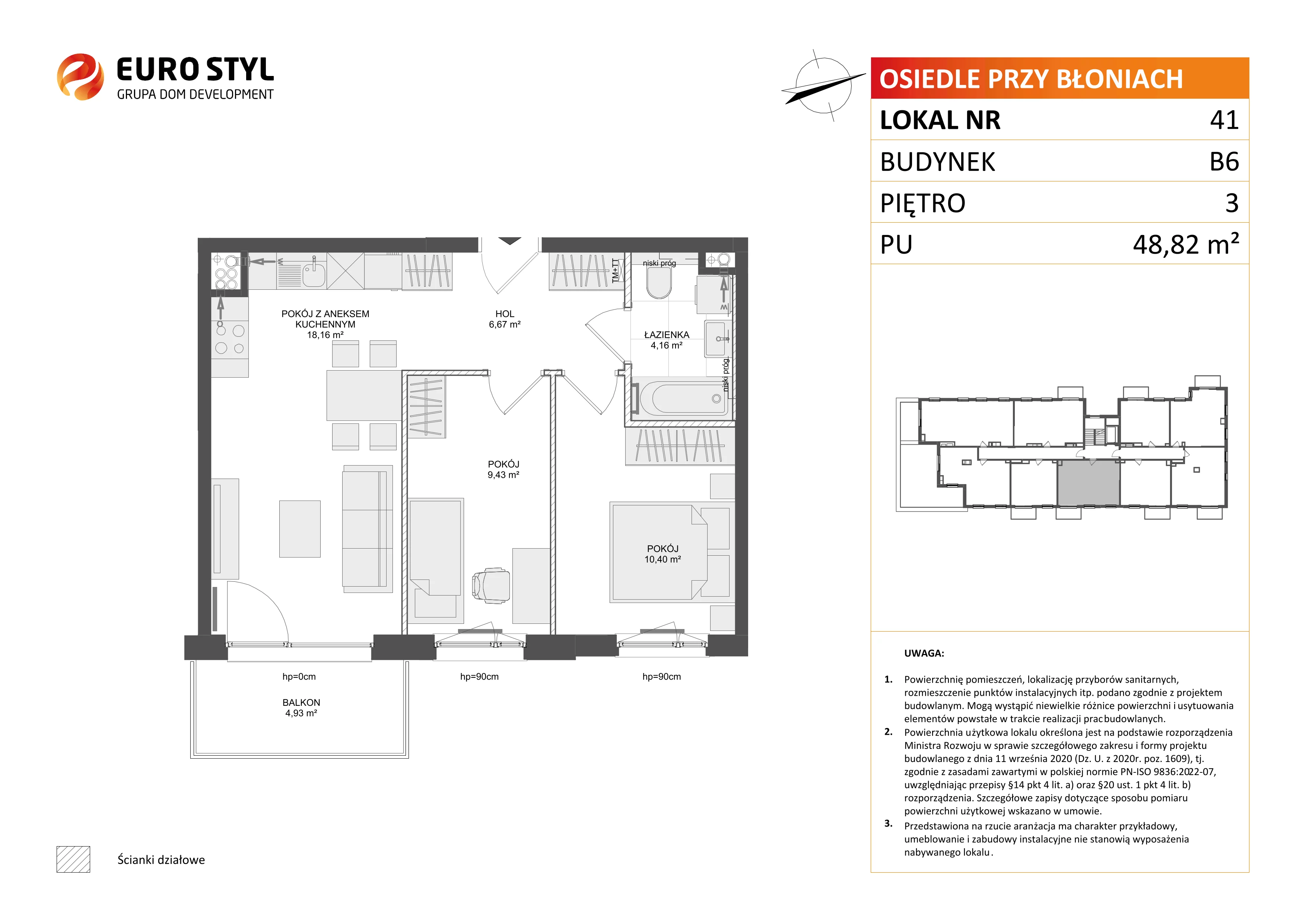 3 pokoje, mieszkanie 48,82 m², piętro 3, oferta nr B6/41, Osiedle przy Błoniach 3 - etap IV, Rumia, Janowo, ul. Błoń Janowskich 