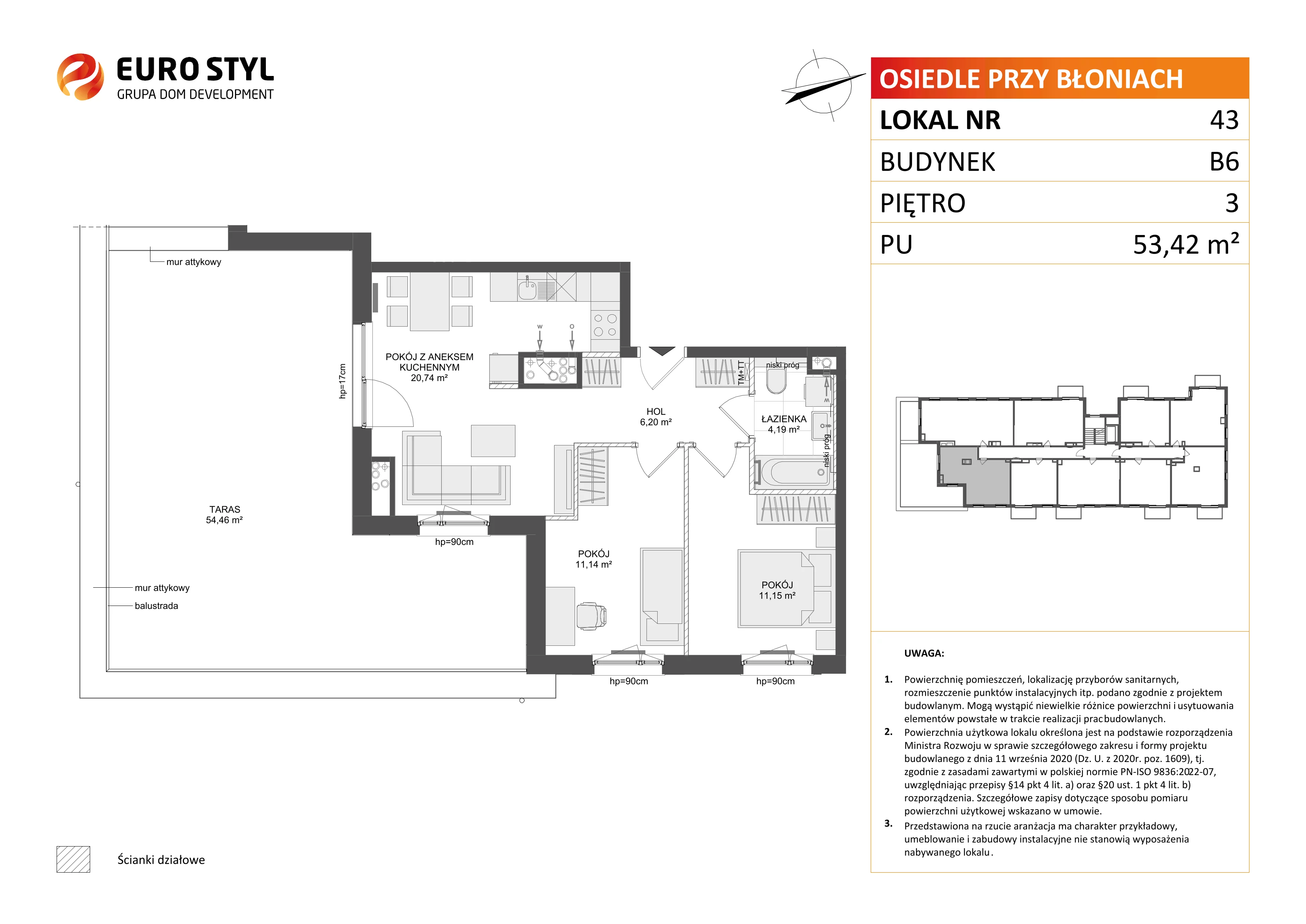 3 pokoje, mieszkanie 53,42 m², piętro 3, oferta nr B6/43, Osiedle przy Błoniach 3 - etap IV, Rumia, Janowo, ul. Błoń Janowskich 