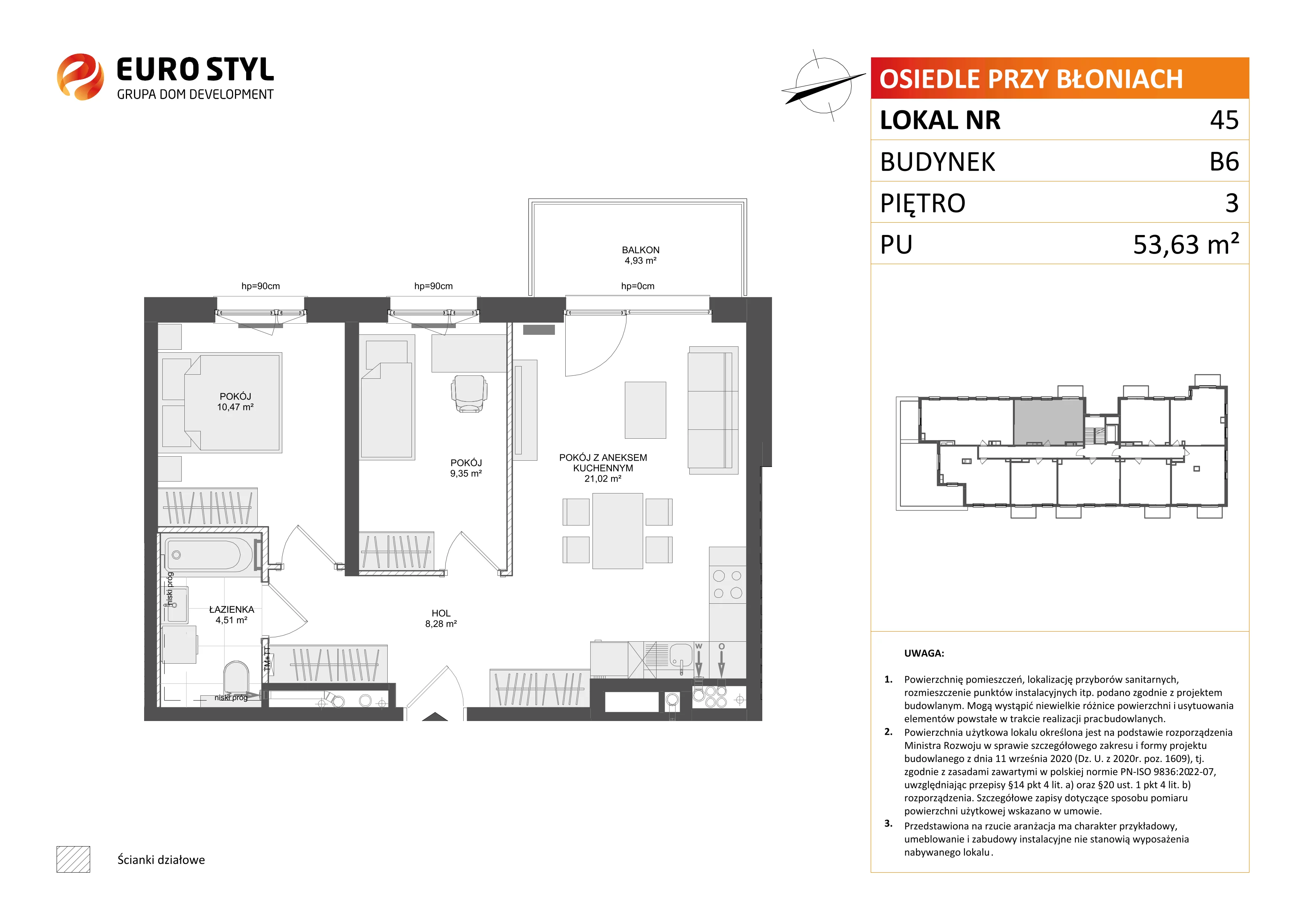 3 pokoje, mieszkanie 53,63 m², piętro 3, oferta nr B6/45, Osiedle przy Błoniach 3 - etap IV, Rumia, Janowo, ul. Błoń Janowskich 
