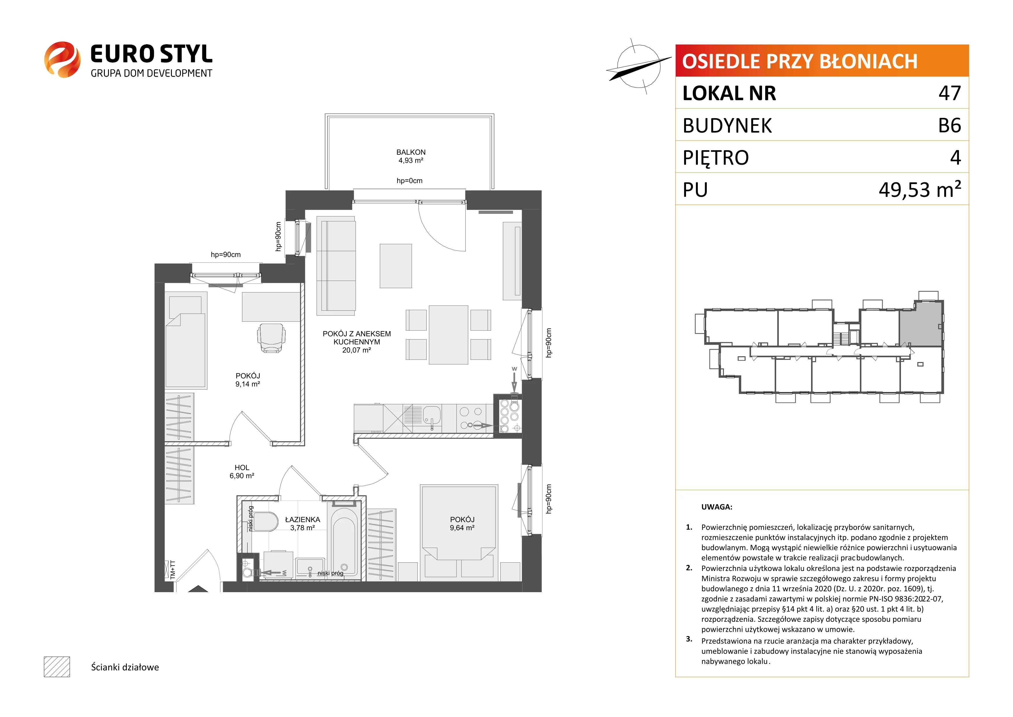 3 pokoje, mieszkanie 49,53 m², piętro 4, oferta nr B6/47, Osiedle przy Błoniach 3 - etap IV, Rumia, Janowo, ul. Błoń Janowskich 