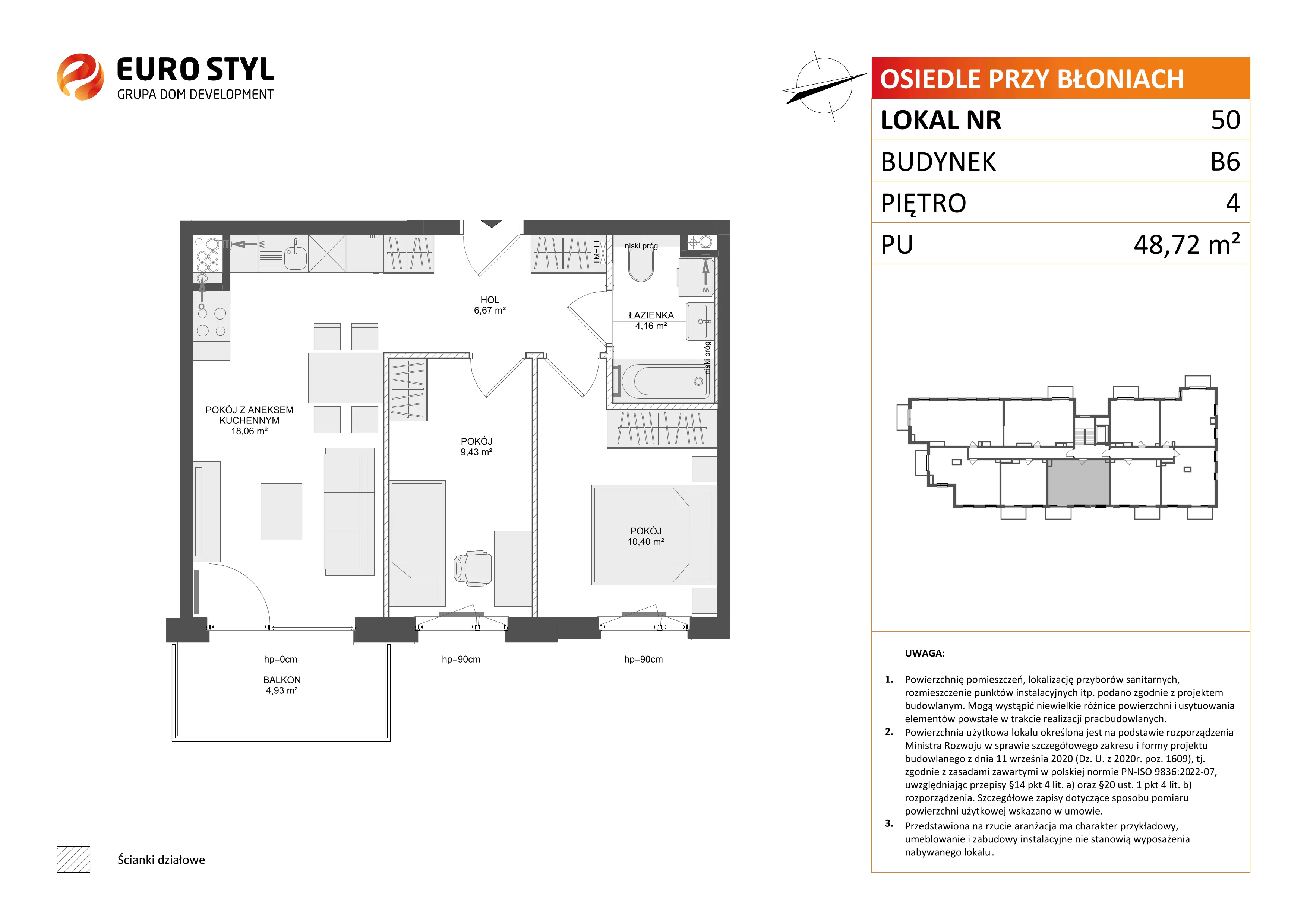 3 pokoje, mieszkanie 48,72 m², piętro 4, oferta nr B6/50, Osiedle przy Błoniach 3 - etap IV, Rumia, Janowo, ul. Błoń Janowskich 
