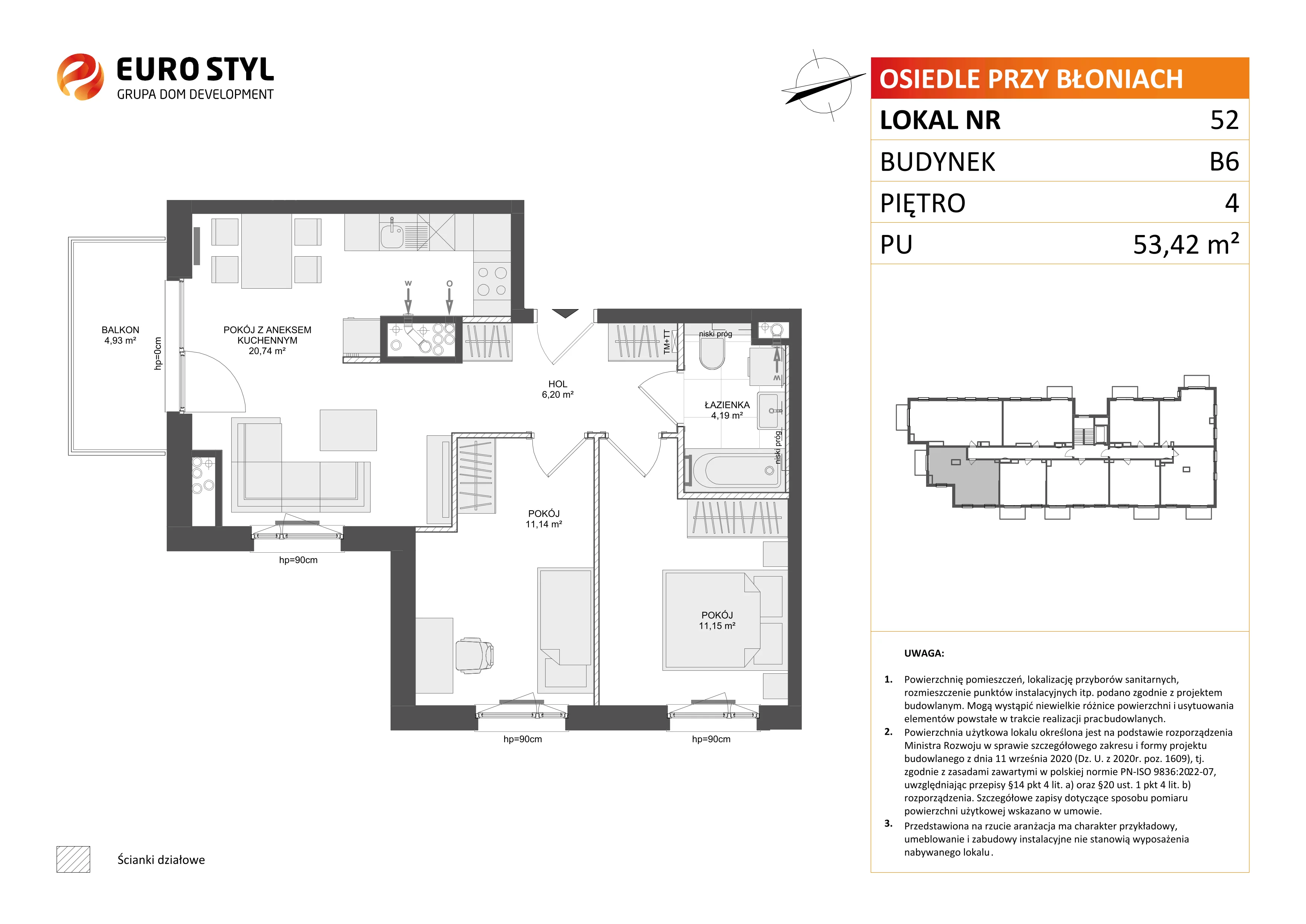 3 pokoje, mieszkanie 53,42 m², piętro 4, oferta nr B6/52, Osiedle przy Błoniach 3 - etap IV, Rumia, Janowo, ul. Błoń Janowskich 