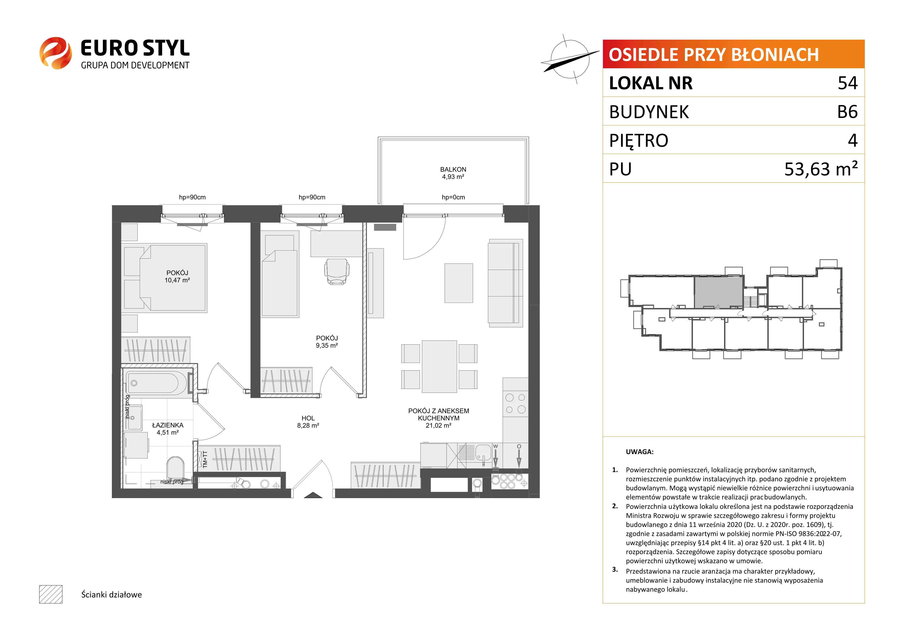 3 pokoje, mieszkanie 53,63 m², piętro 4, oferta nr B6/54, Osiedle przy Błoniach 3 - etap IV, Rumia, Janowo, ul. Błoń Janowskich 